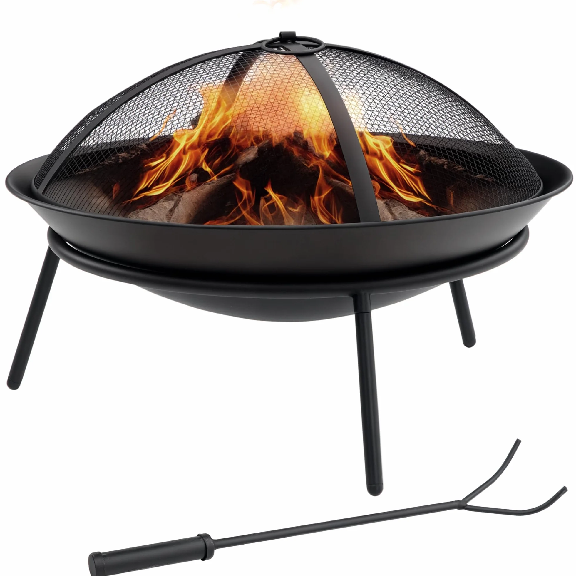 Outsunny Brasero Exterior para Jardín Pozo de Fuego de Metal con Protector de Chispas y Atizador para Hogueras Terraza Camping al Aire Libre Ø47x33 cm Negro
