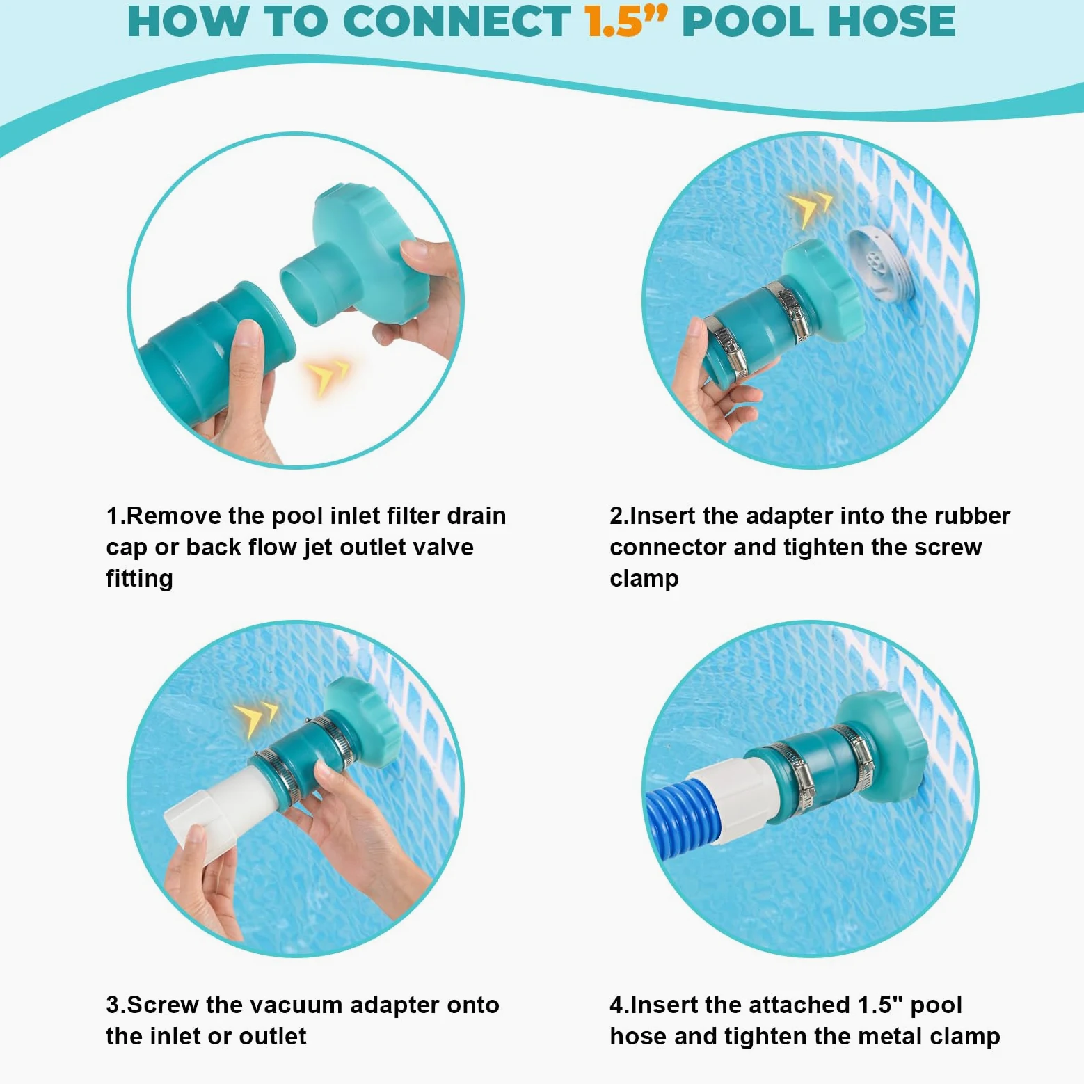 Juego de 2 adaptadores de manguera de vacío para piscina, adaptador de manguera de skimmer de piscina, conector B con puños y abrazaderas de manguera de piscina de 1-1/2 pulgadas, adaptador de
