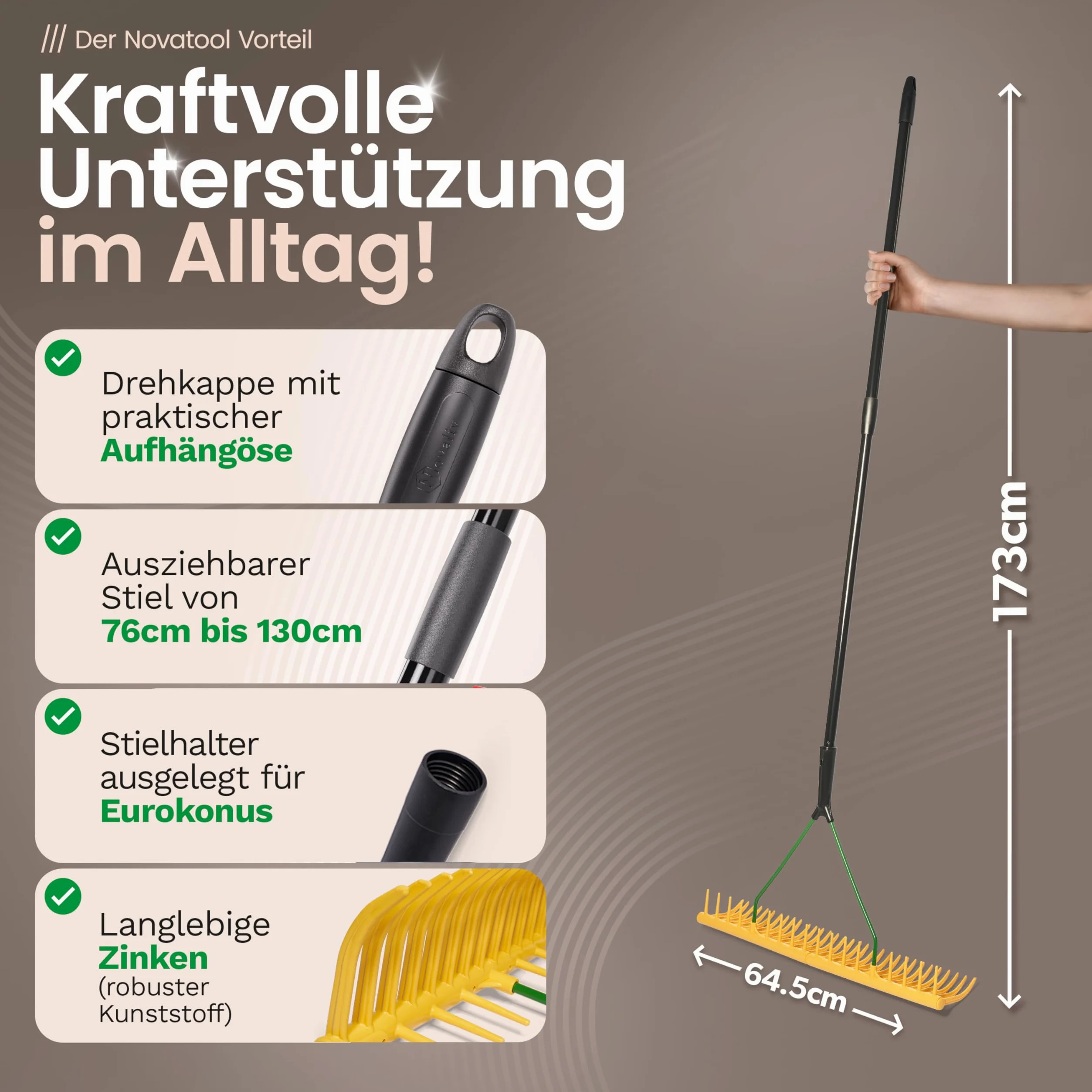 Novatool Rastrillo de jardín con recolector de césped, 32 dientes y mango telescópico de hasta 152 cm, ancho de trabajo 64,5 cm, rastrillo de plástico y metal, colector de hojas, rastrillo de césped