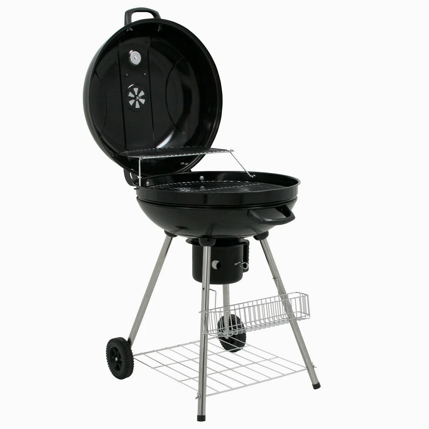 BBQ-Toro Barbacoa de Carbón con Tapa, Termómetro y Regulador de Aire "Birch" | 57 cm | Superficie de Parrilla Ø 55 cm | Barbacoa Portátil | Barbacoa con Ruedas | con 2 Parrillas, Estante y Canasta