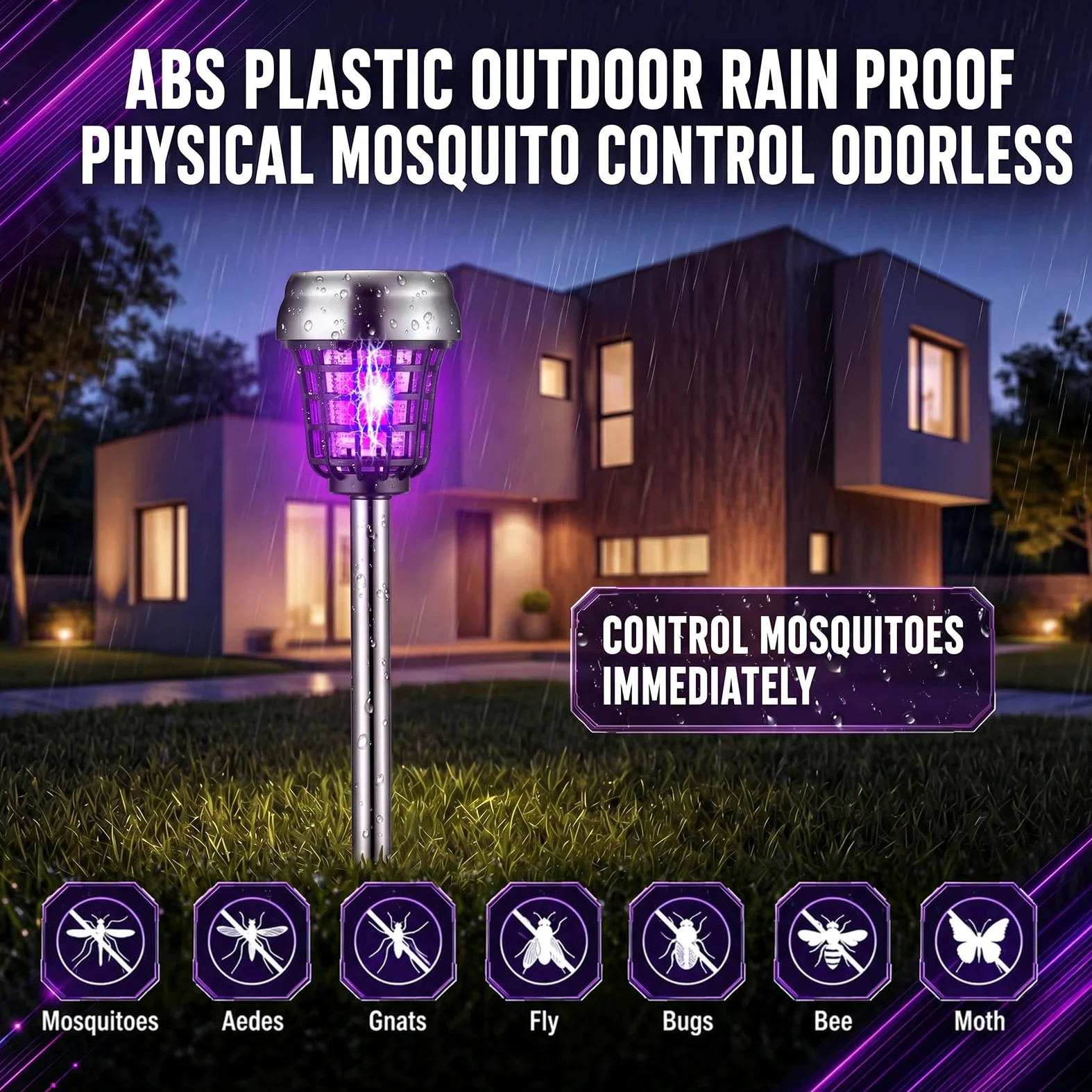 Qualirey 12 piezas de matamosquitos solar para exteriores, impermeables, matamosquitos con energía solar, lámpara repelente de mosquitos para patio, jardín, insectos (púrpura/luz de llama, acero