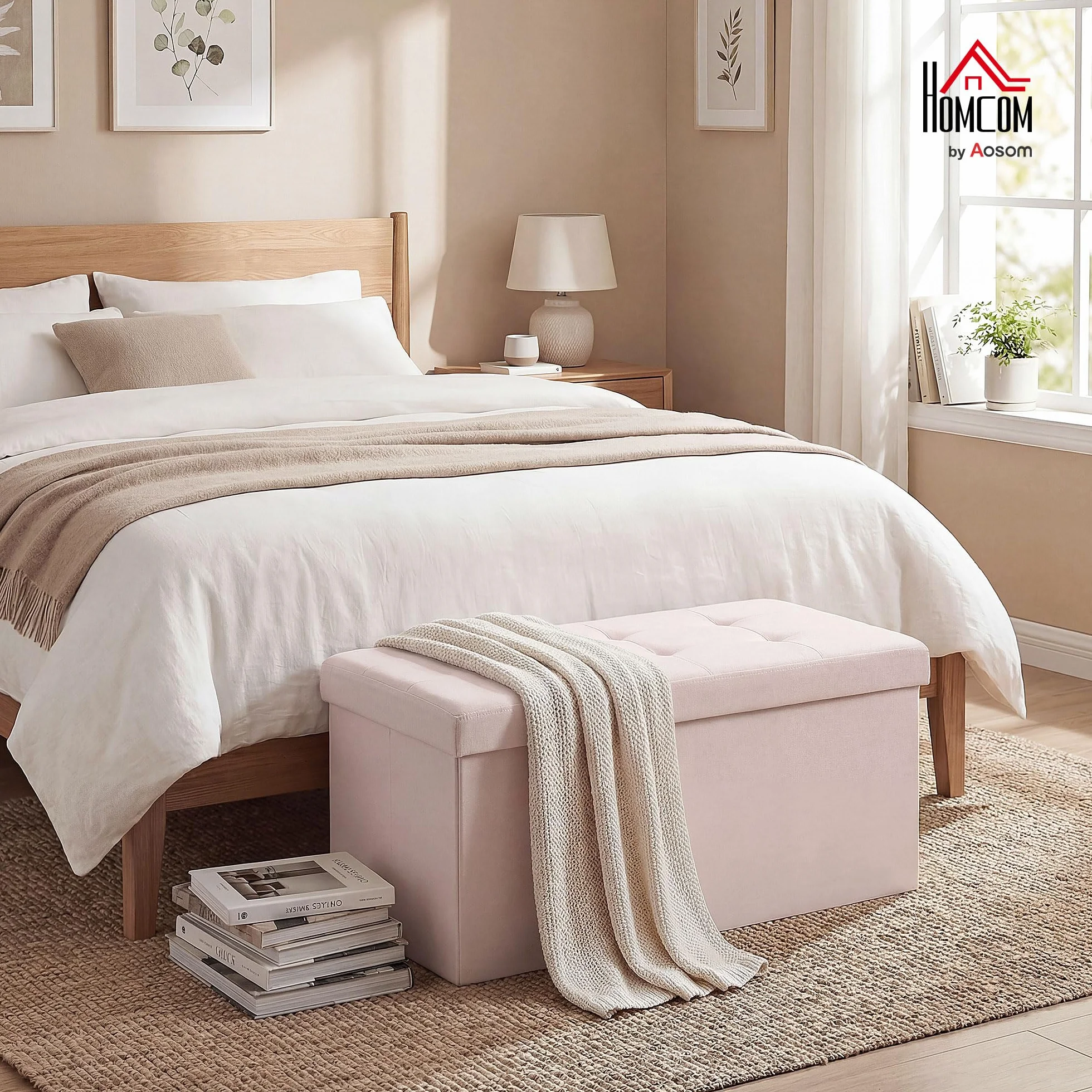 HOMCOM Puff Almacenaje, Banco Almacenaje Plegable, 84 L, 76x38x38 cm, Tapizado en Lino Sintético, Baúl de Almacenamiento, Carga 120 kg, Taburete para Sala de Estar, Dormitorio, Entrada, Rosa