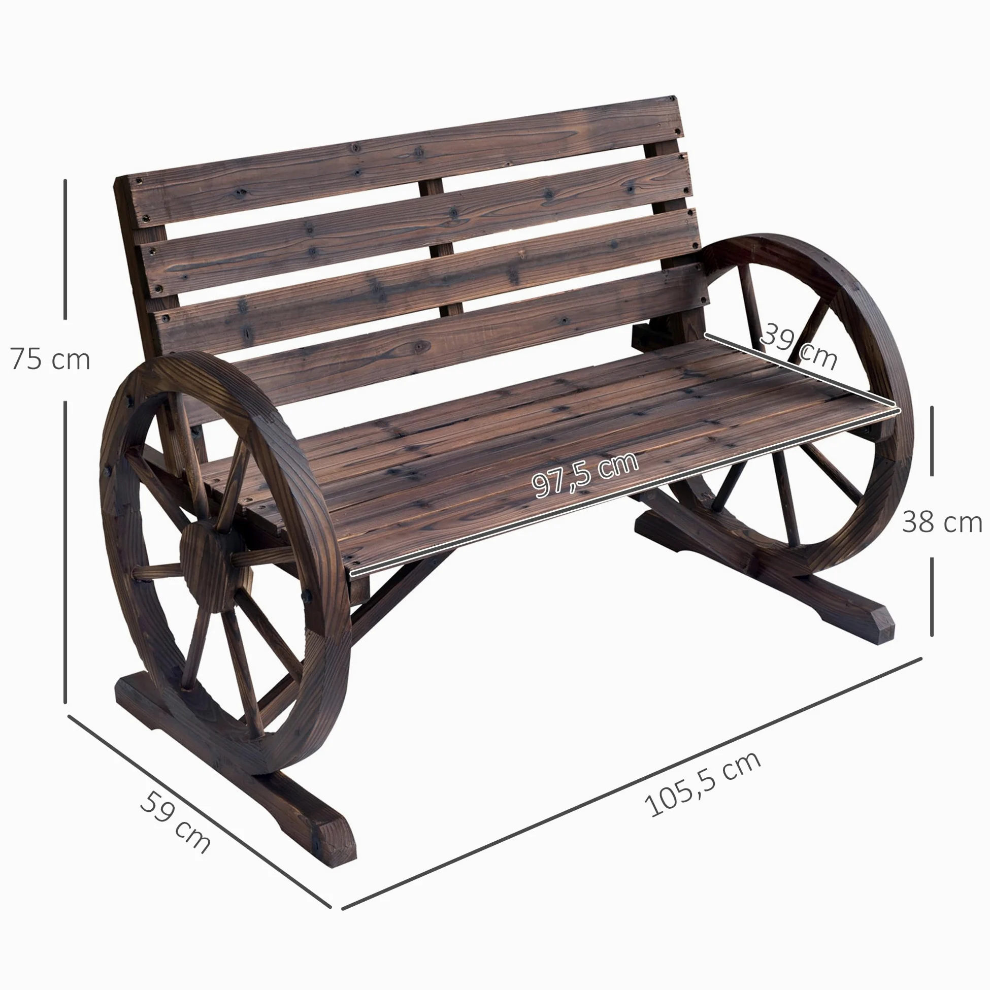 Outsunny Banco de Jardín de Madera 2 Plazas 250 kg 105,5x59x75 cm Carbonizado