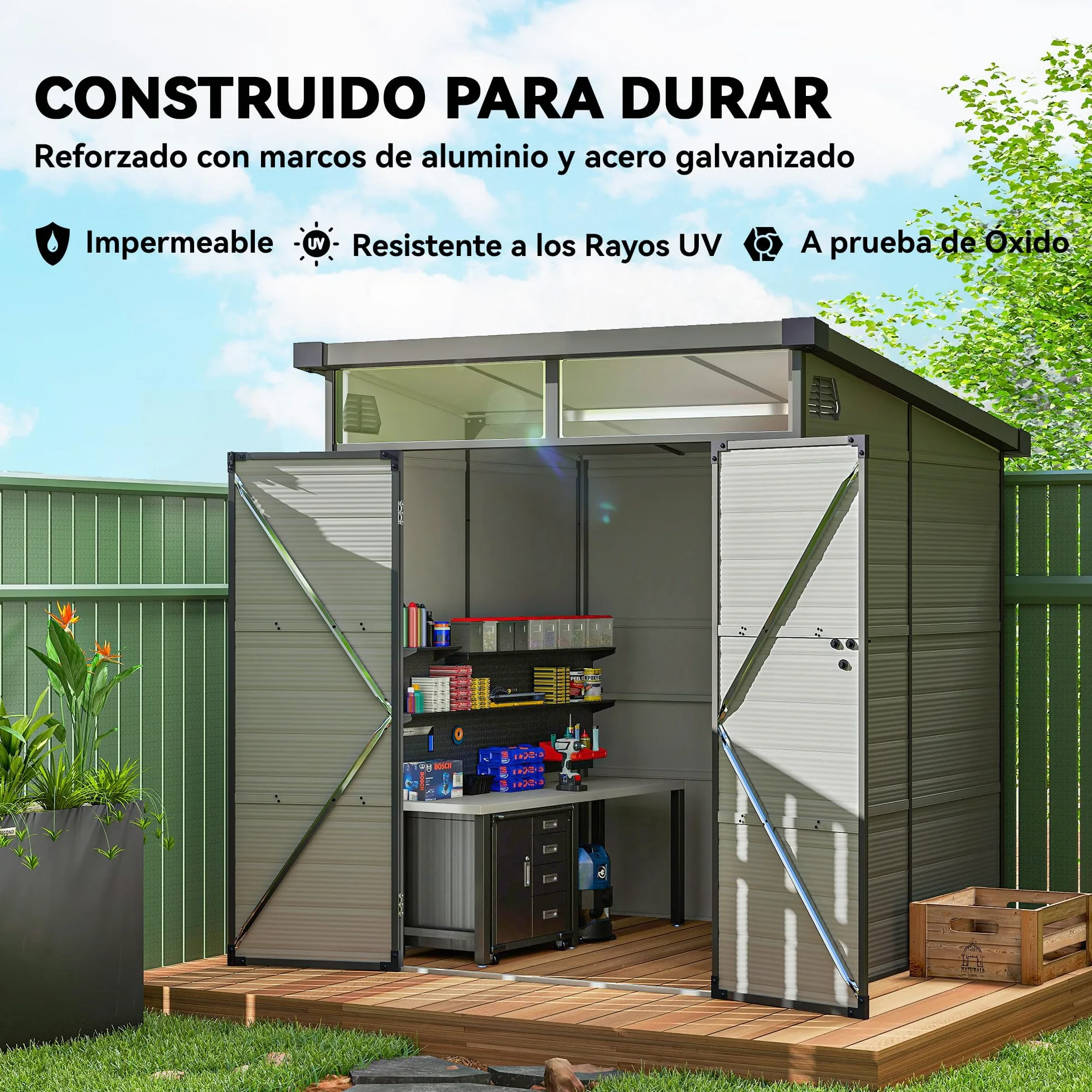 Outsunny Caseta de Jardín Exterior, 3,24 m², 190x191x215 cm, Gris Claro | Cobertizo de Jardín Exterior, Puerta Corredera con Pestillo, Ventana y Ventilación, para Almacenamiento de Herramientas