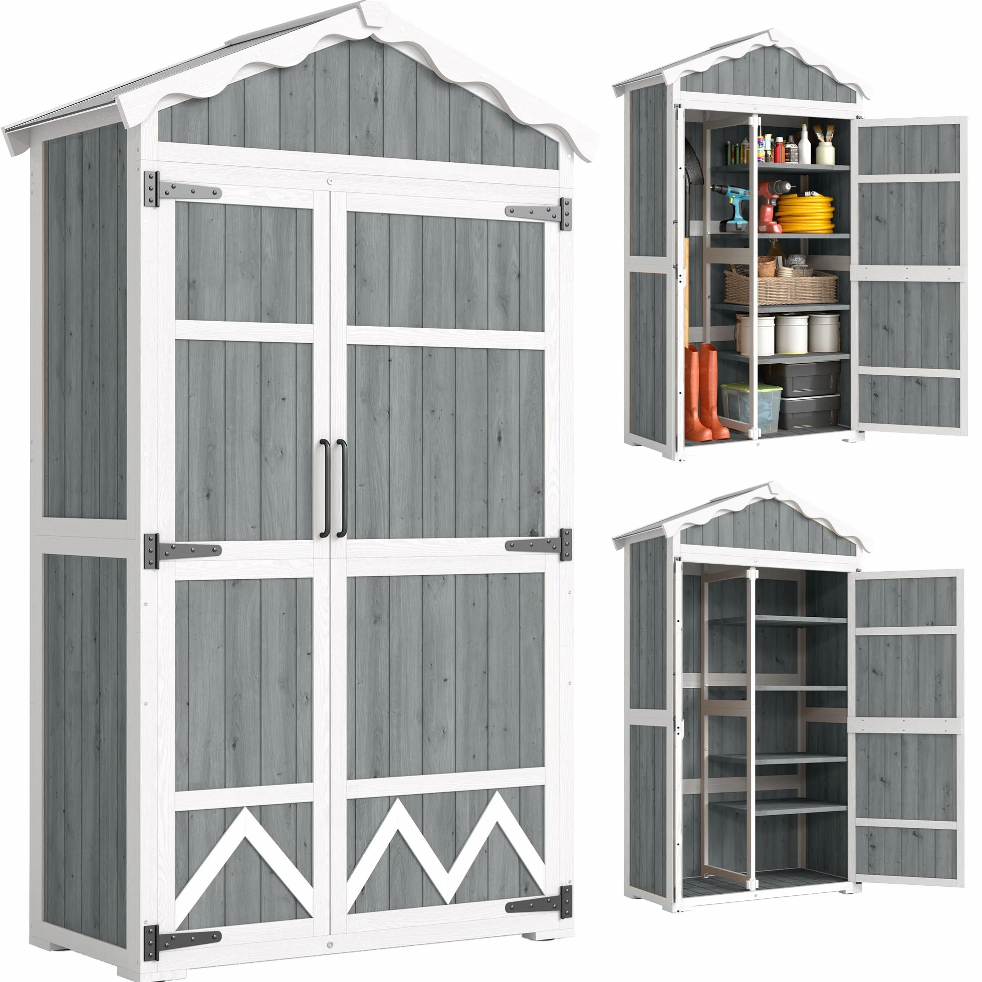 Outsunny Caseta de Jardín de Madera 105x55x179 cm Cobertizo Jardín Exterior Impermeable Armario Exterior Herramientas con Puertas 4 Estantes Extraíbles Techo Metal Galvanizado Pies Ajustables Gris