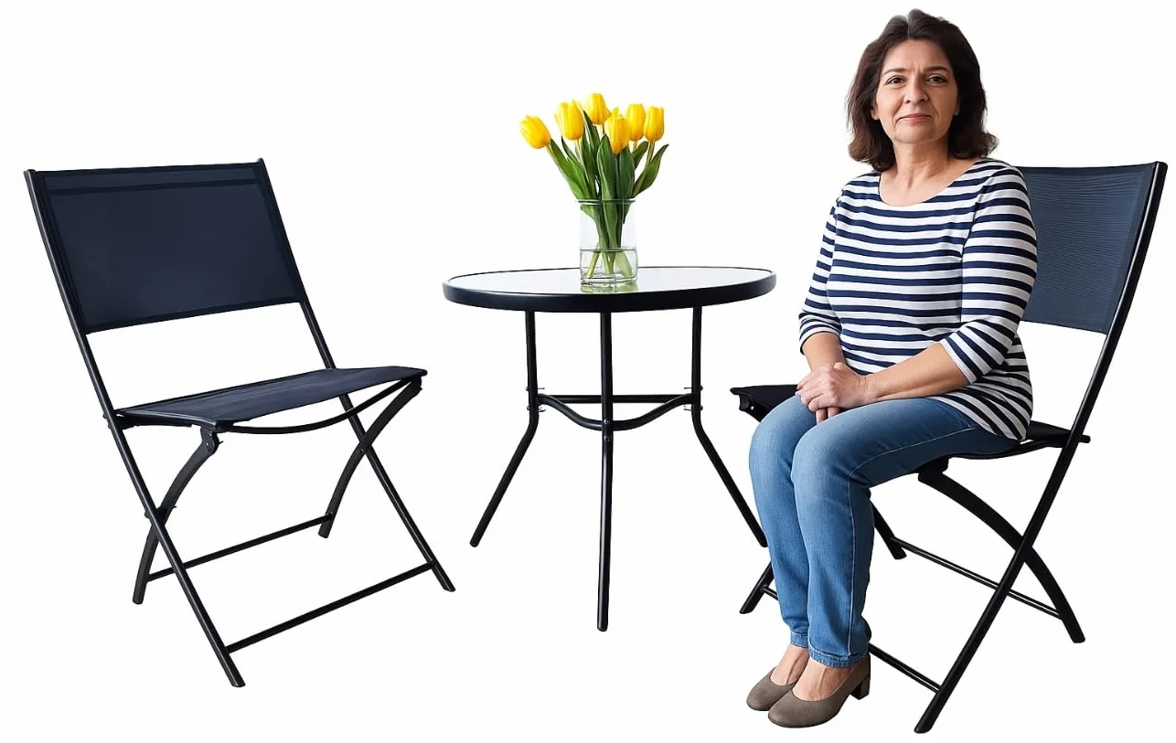 BDW Juego de muebles de balcón, mesa de cristal de 70 x 40 cm con 2 sillas plegables, perfecto para espacios pequeños, terraza, balcón, parcela, color negro