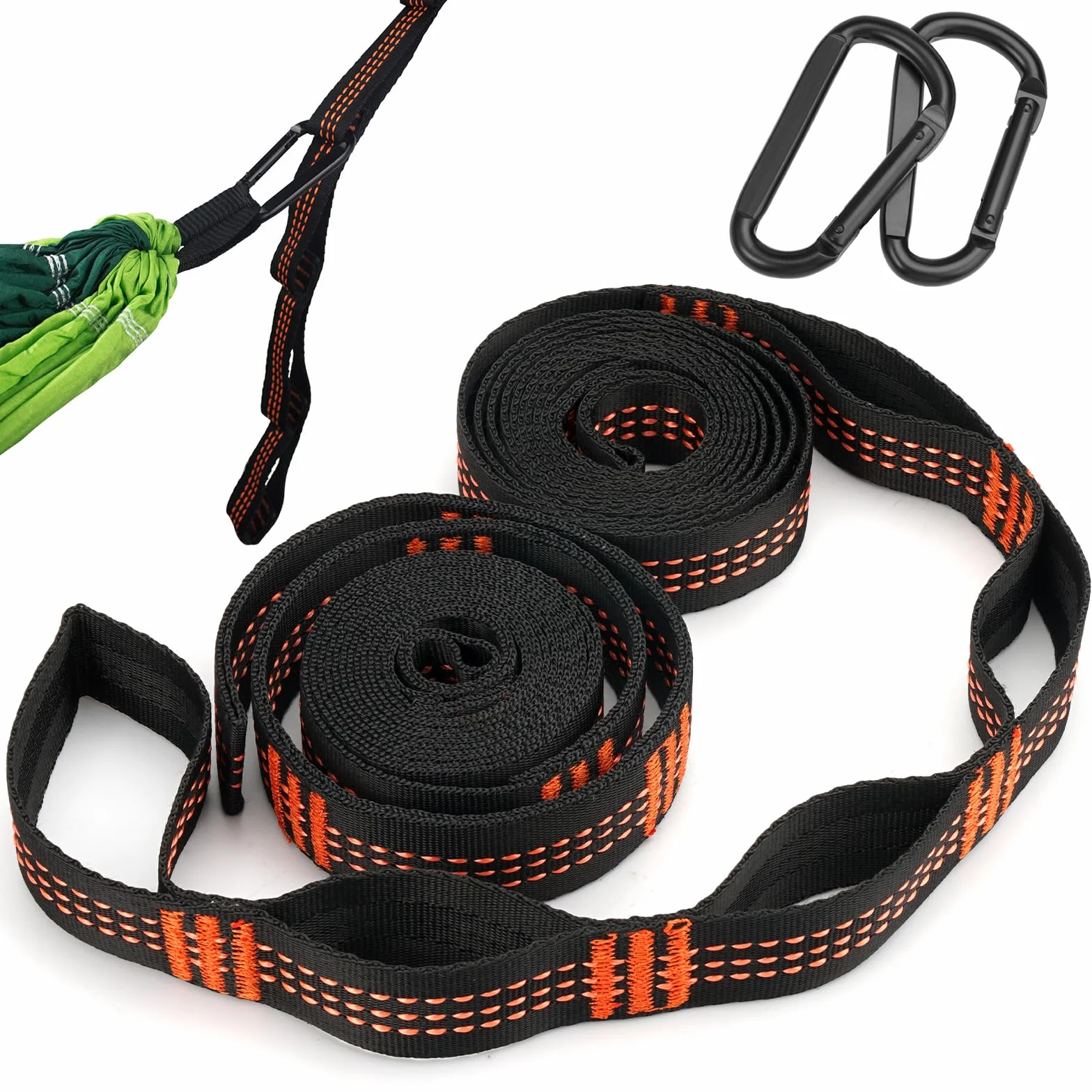 Correas de Suspensión para Hamaca 2m x 2,5cm con Mosquetones Resistentes - Kit de Fijación para Árboles, Camping y Columpio