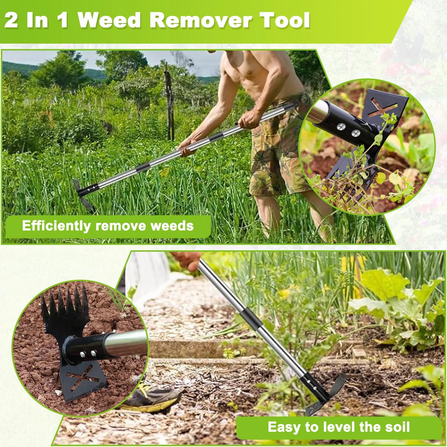 Extractor Malas Hierbas con Mango Largo Ajustable 148cm, Herramientas Extracción Rastrillo Jardín Azada Manual 2 en 1, Extractora Malezas Eliminación ​​Desbrozar Escarda para Césped, Patio, Terraza