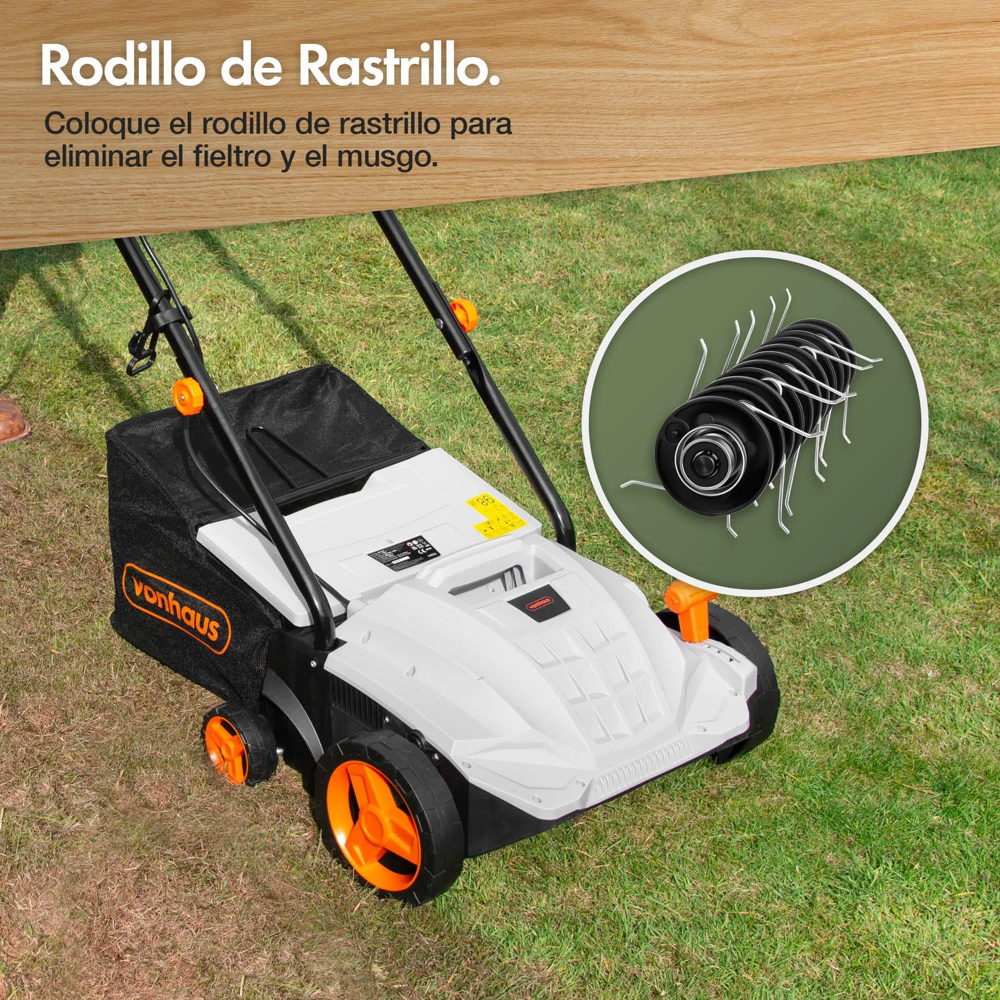 VonHaus Escarificador/Aireador/Rastrillo Eléctrico 1500W – Para Escarificar Y Rastrillar El Césped, Elimina Fieltro, Musgo Y Hojas Secas, Aireación Del Suelo, Caja 30L, 4 Alturas, Ancho 32cm