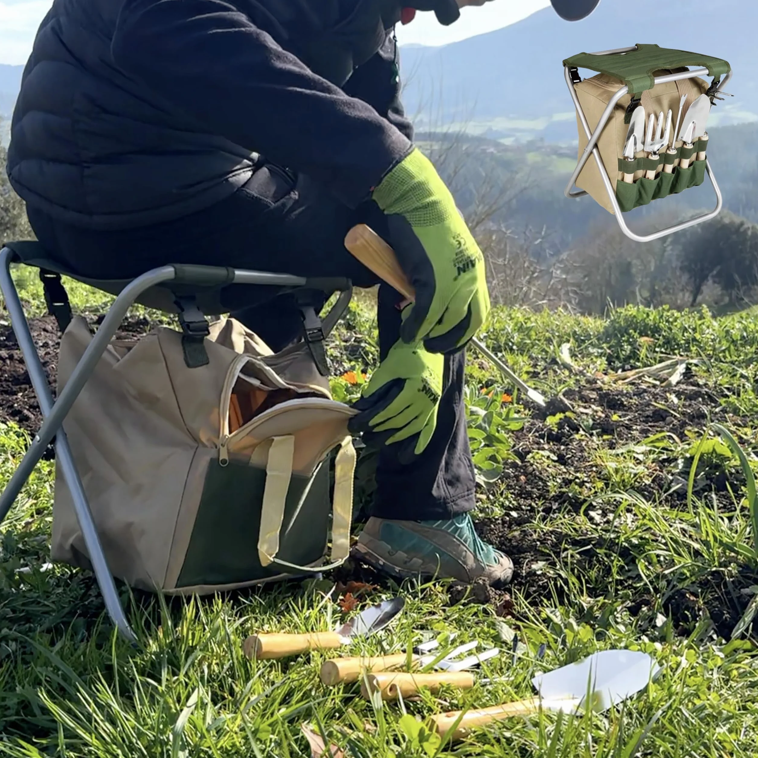 BIKAIN - Herramientas de Jardinería - Taburete Plegable + Bolsa + Herramientas - Kit de Jardinería - Bolsa de Almacemiento con Cremallera - Incluye 5 Herramientas con Mango de Madera