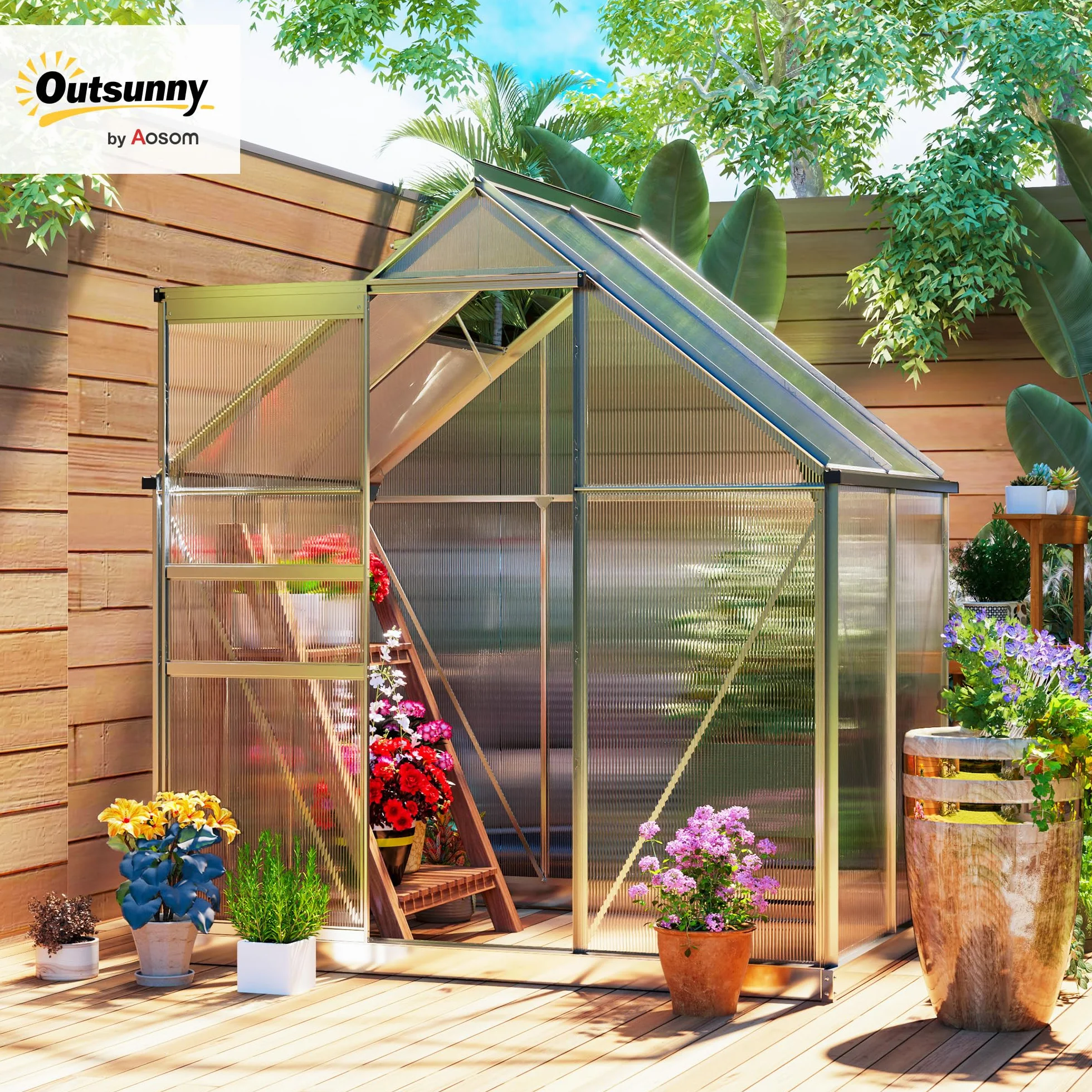 Outsunny Invernadero de jardín de policarbonato con marco de aleación de aluminio 2,5㎡, invernadero para huerto con base, canalones, ventana de techo ajustables, puerta batiente, para plantas, anti UV