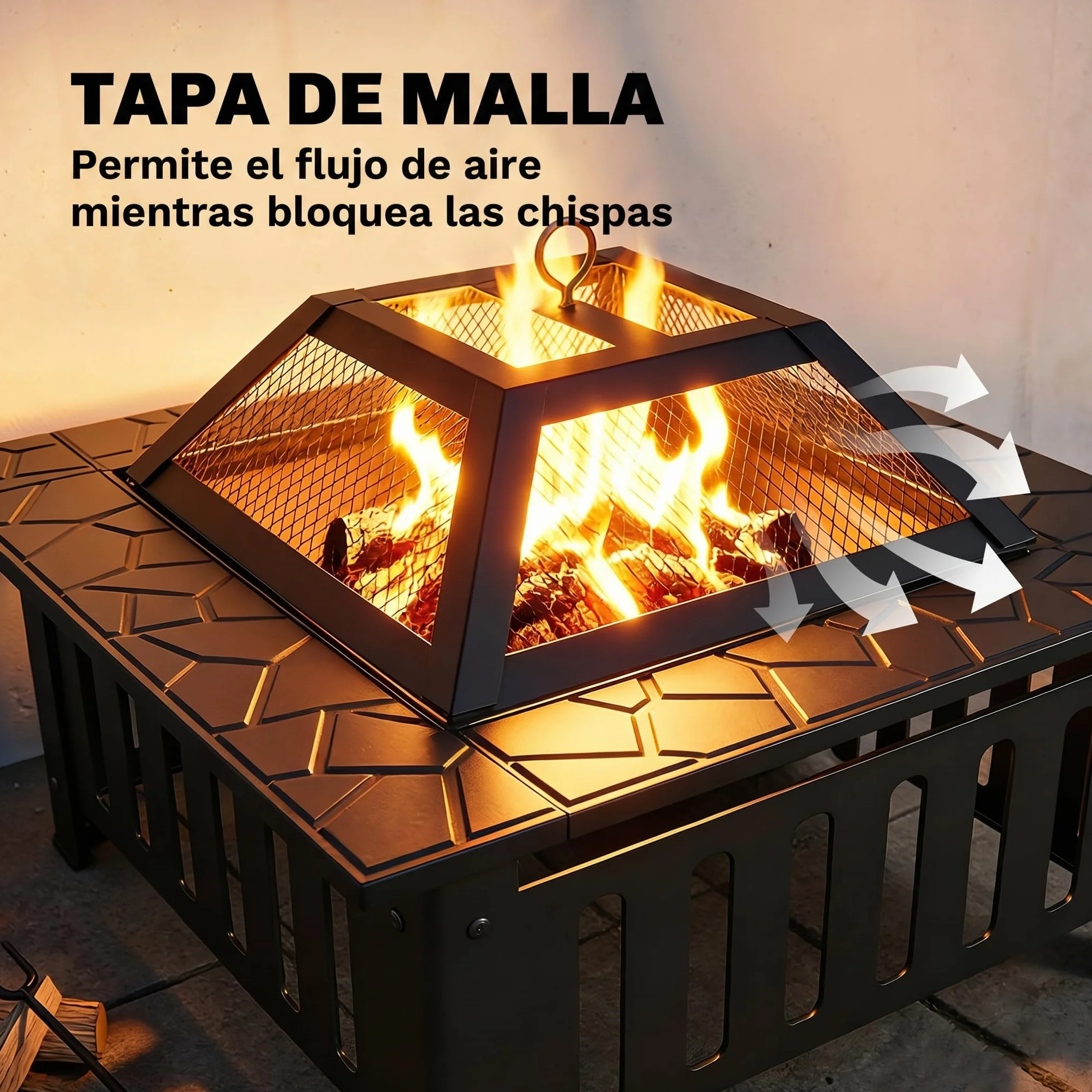Outsunny Brasero Exterior de Acero Cuadrado, 67x67x47 cm, Brasero Exterior Jardín con Atizador, Tapa de Malla, para Terraza, Camping, Fiesta, Negro