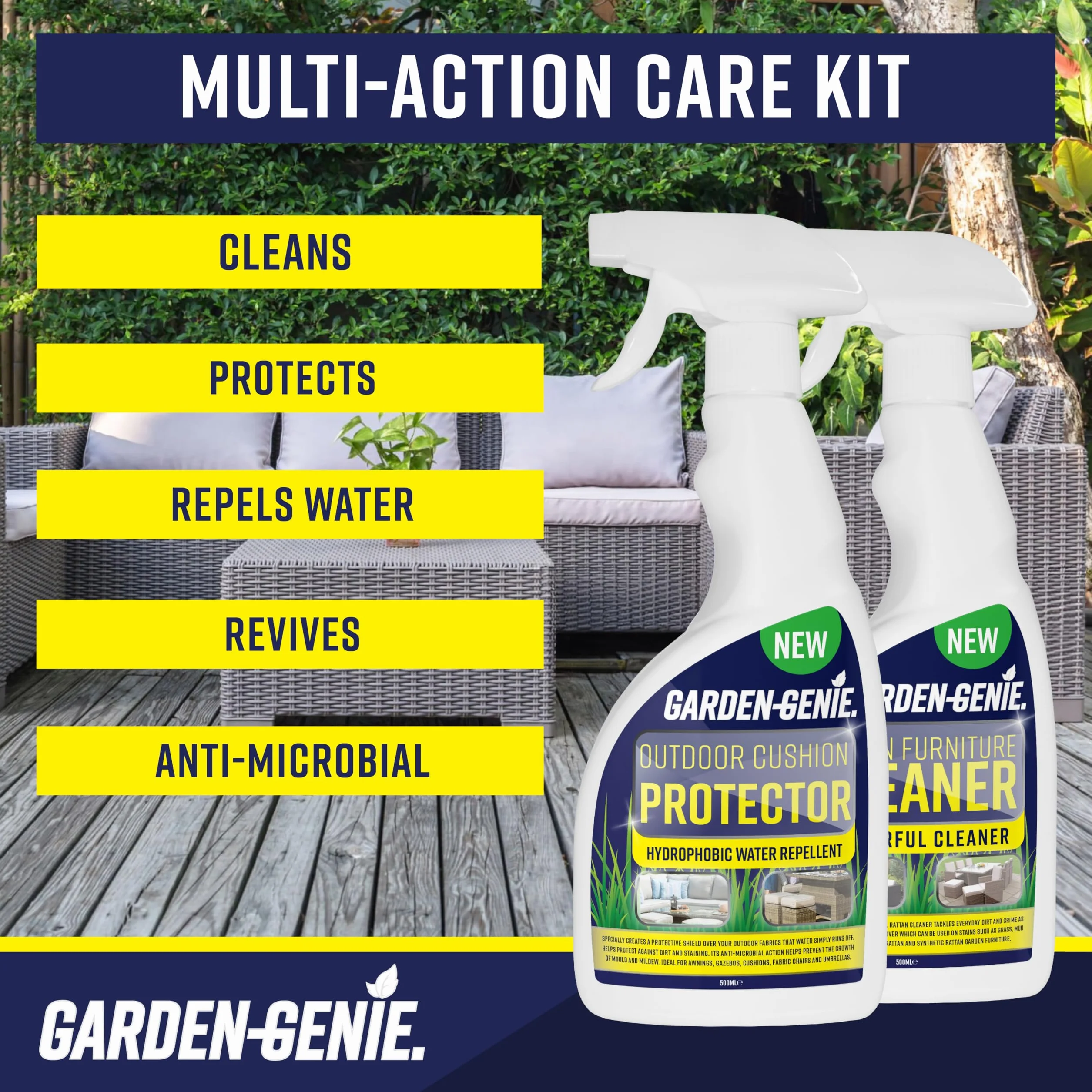 Garden Genie - Kit de Limpieza de Muebles de ratán para Cuidado y protección | Incluye Limpiador y Protector - Elimina la Suciedad persistente | para Uso en Interiores y Exteriores (2 Unidades de 500