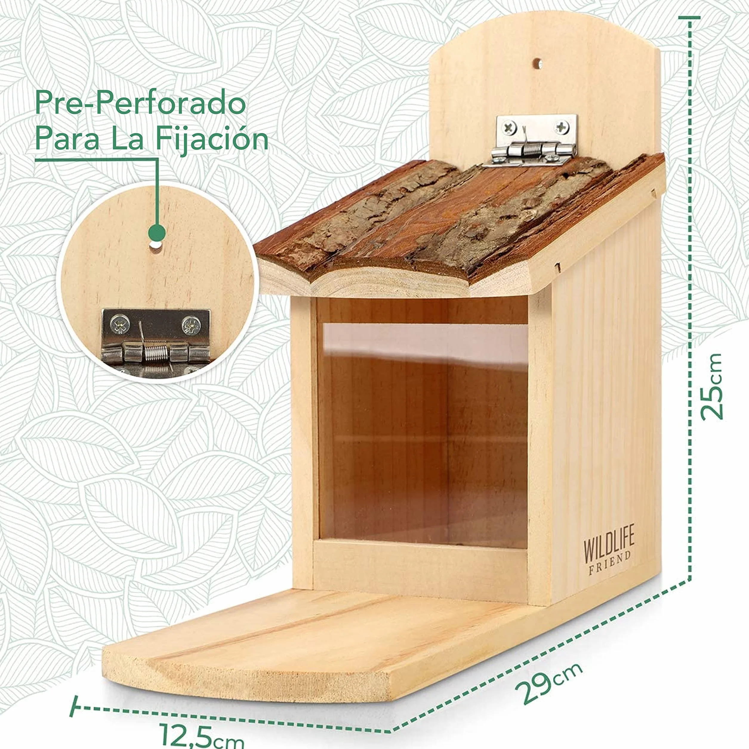 WILDLIFE FRIEND I Comedero para Ardillas - de Madera de Pino con Techo de Corteza - Estación de Alimentación, Alimentador de Ardilla
