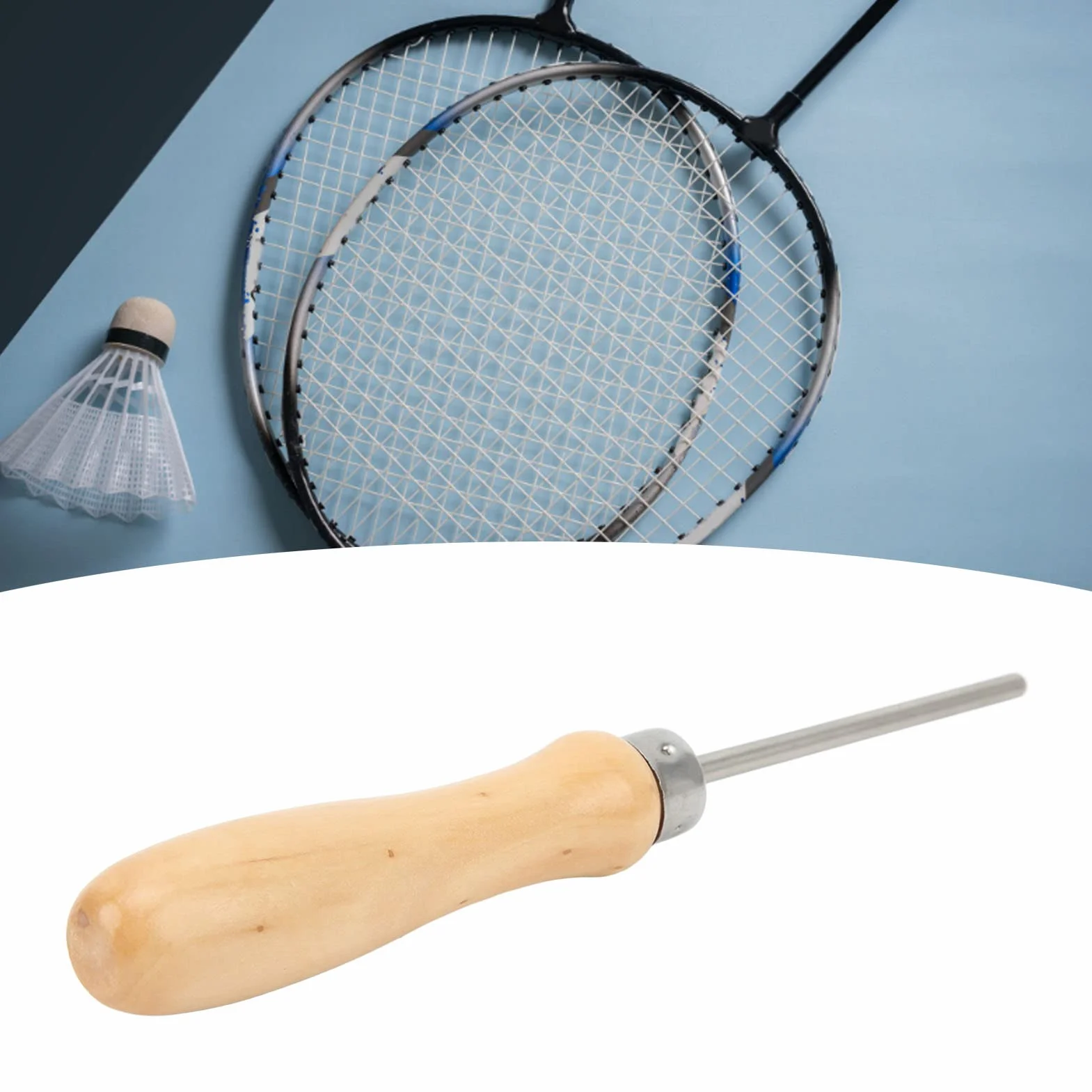 Punzón de cuerda de raqueta de acero inoxidable con mango de madera para reparación de tenis