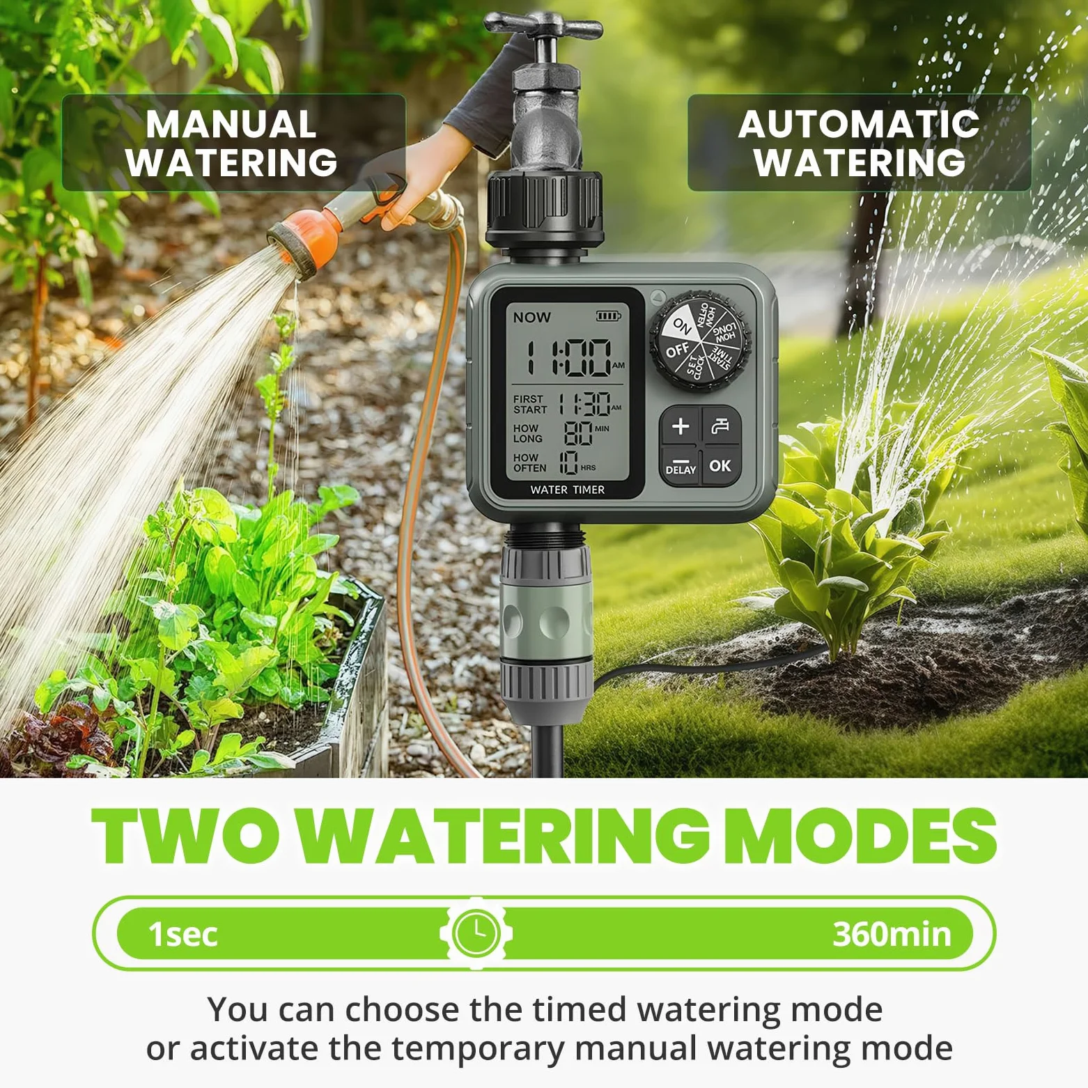Temporizador de aspersor para manguera de jardín, temporizador de agua de ciclo y remojo con retardo de lluvia, riego manual automático para césped, patio, sistema de riego por goteo al aire
