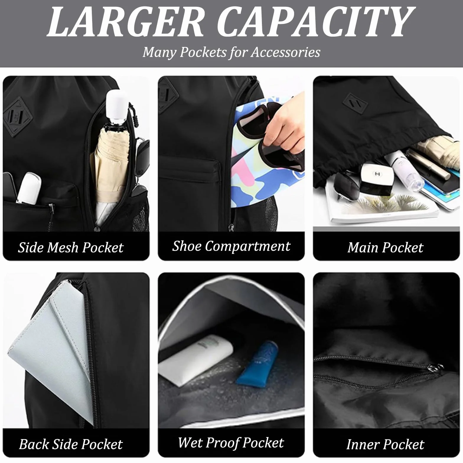 Mochila de cuerda resistente al agua con compartimento para zapatos, gran capacidad, bolsa deportiva