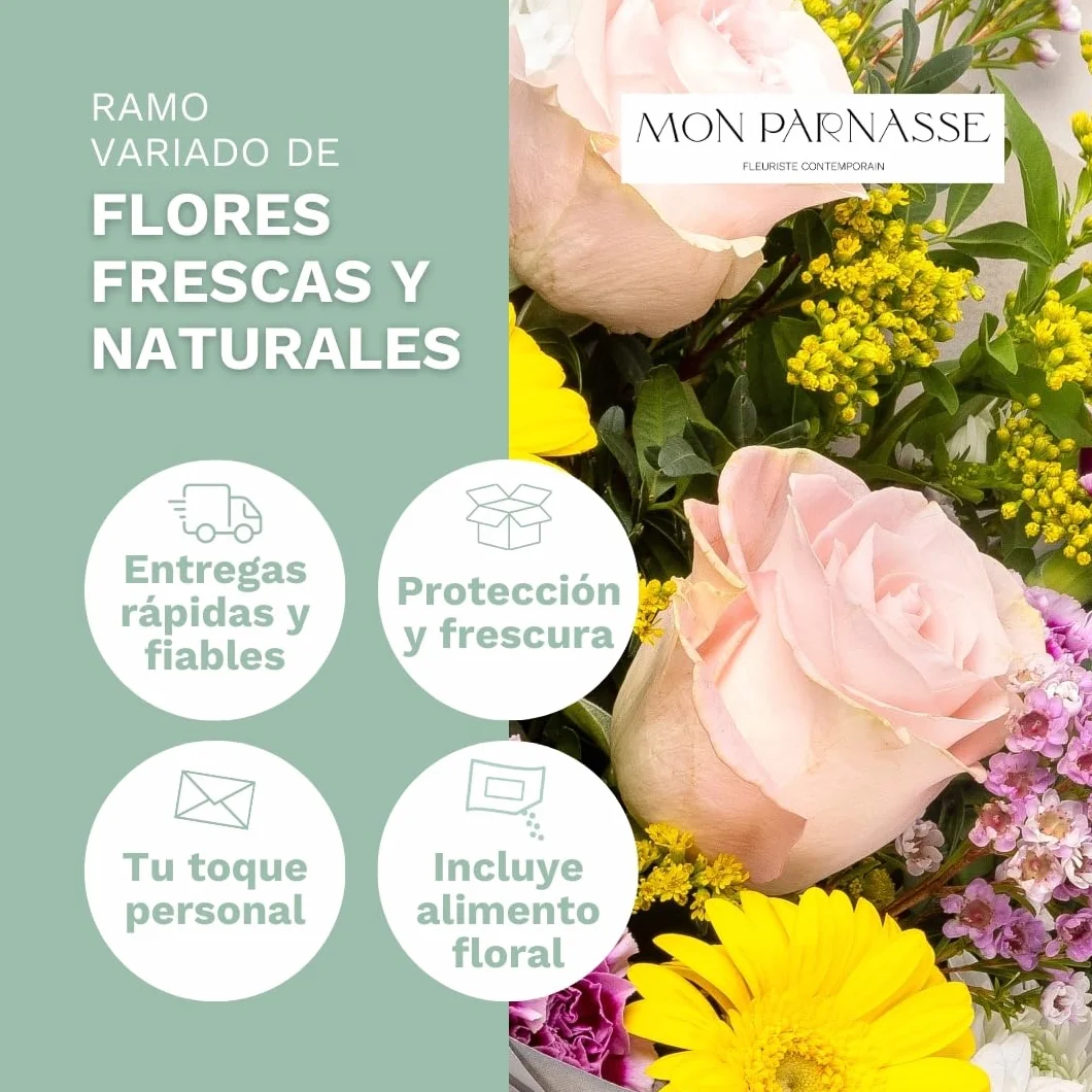 Mon Parnasse - Ramo de Flores Naturales con Dedicatoria, Incluye Tarjeta Personalizada, Set Alimento Floral, Envoltorio Elegante, Regalo, Frescura y Aroma - Plenitud