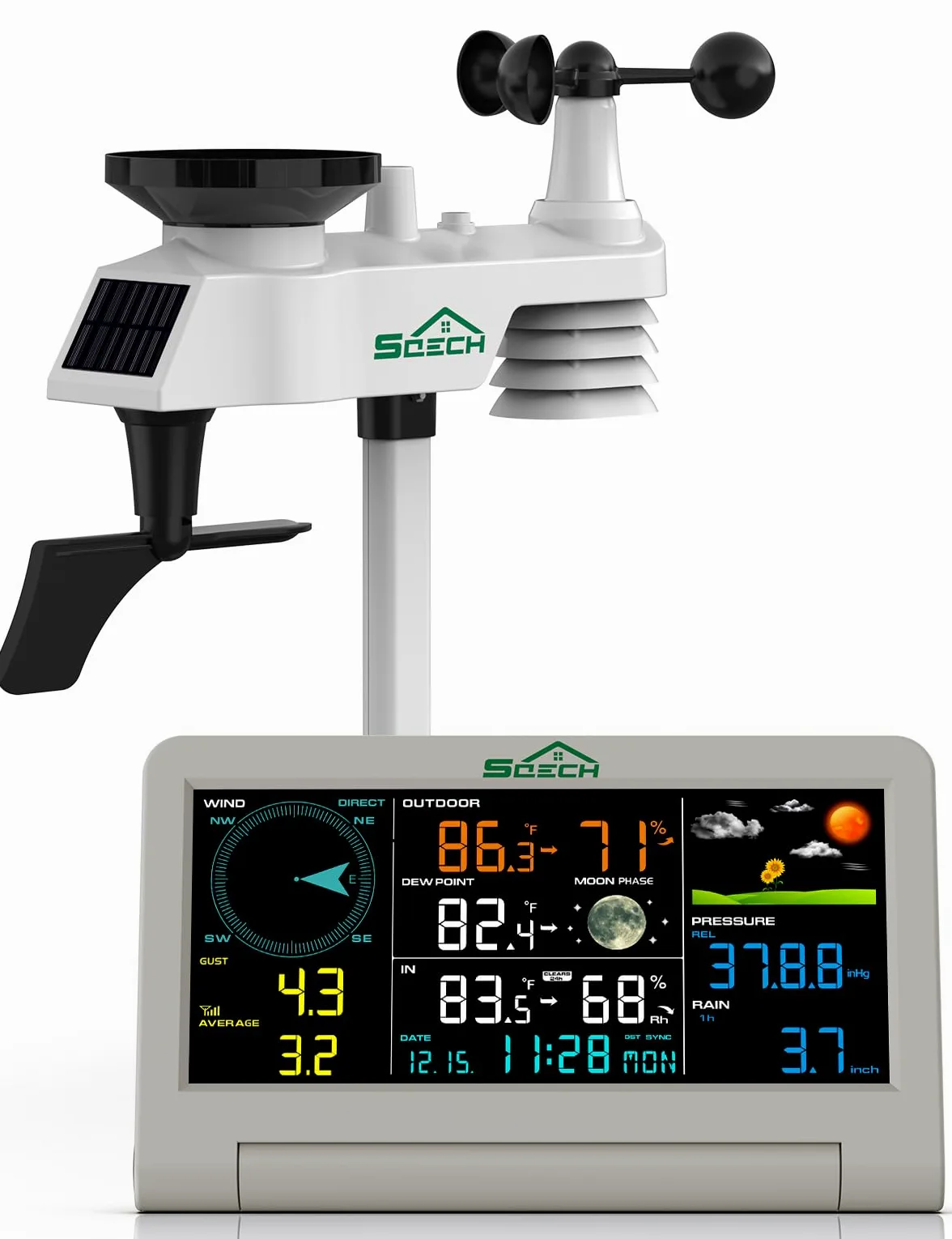Estación Meteorológica SQECH, Estaciones Meteorológicas con Sensor Inalámbrico 7 en 1 Para Interiores y Exteriores, Estaciones Meteorológicas Domésticas con Previsión Meteorológica