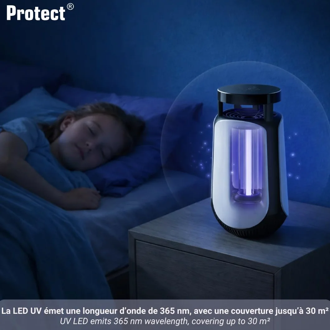 Trampa antimosquitos de succión con lámpara UV LED 365 nm, exterminador de insectos silenciosos, cobertura 30 m², temporizador 4/6/12h, USB-C, 2 cebos incluidos
