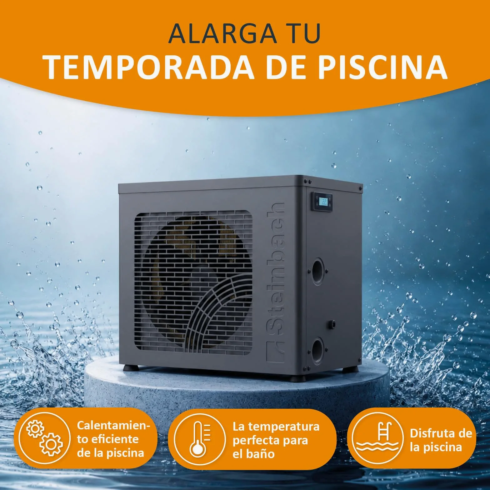 Steinbach Startis Style 049400Z - Bomba de Calor para Piscina de hasta 20.000 L 4,3 kW con Control por aplicación WiFi, Segura para Agua Salada, refrigerante R290 eficiente