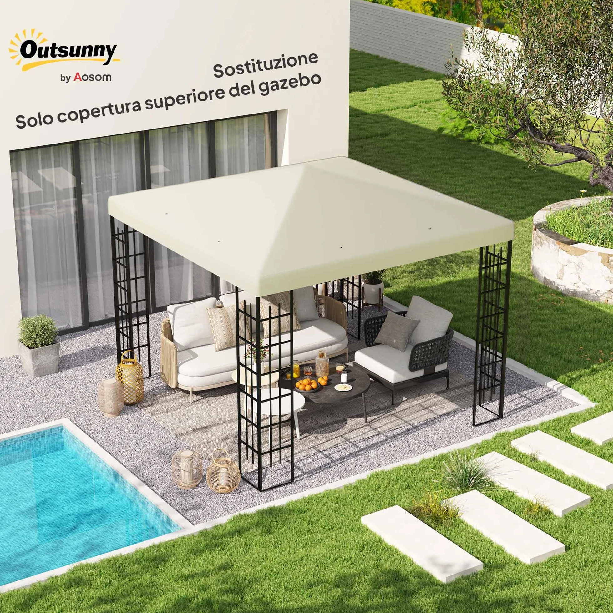 Outsunny Jardín Gazebo Reemplazo Techo 3x3 m, Resistente al agua Gazebo Canopy en 600D Oxford Tela 370g/㎡ Anti-UV 30+ con 8 agujeros de drenaje, Crema blanca.