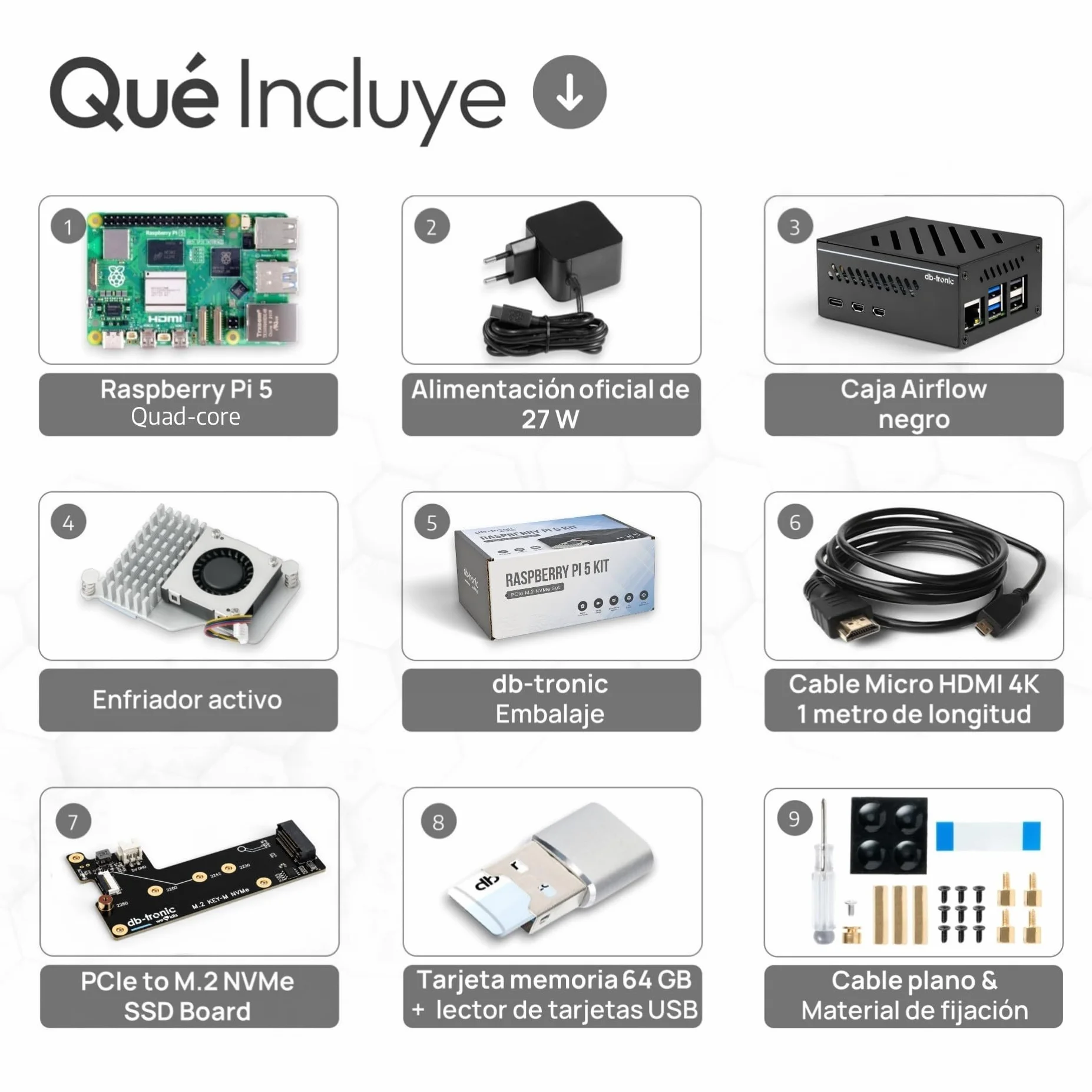 db-tronic Raspberry Pi 5 4 GB NVMe Kit 64 GB 27 W Carcasa metálica Refrigeración Activa SSD M.2 NVMe PCIe