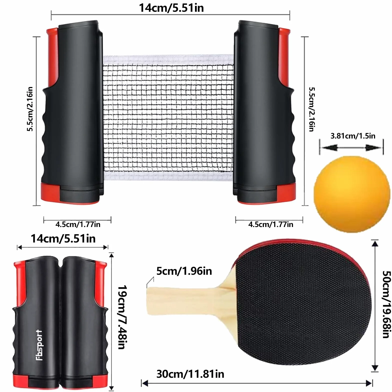 Set de Ping Pong Portátil con 2 Raquetas, 3 Bolas, Red Retráctil y Bolsa de Almacenamiento