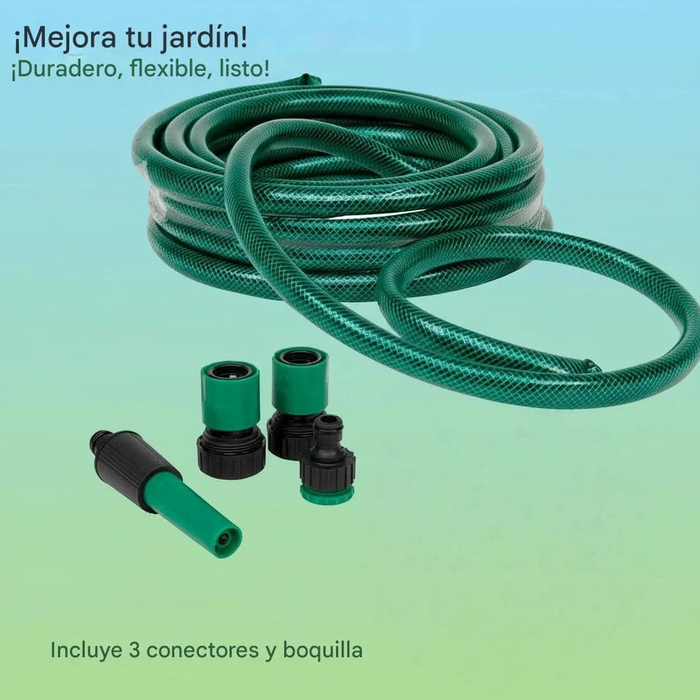 YIJIA | Manguera de jardín - Set Manguera con Conexión y Boquillas para Riego Reforzada 3 Capas, Presión de rotura de 20 bar - Diámetro Ø1/2" (12mm), Verde, Longitud de 30 Metros