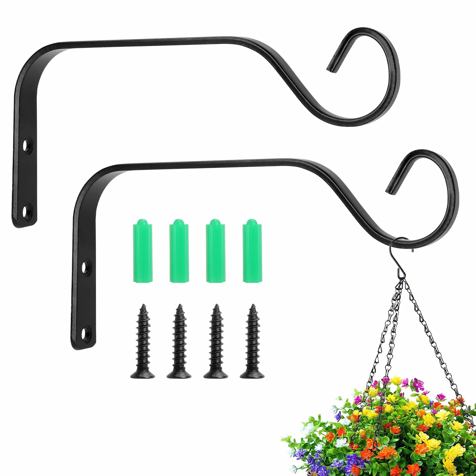 Gancho de pared para colgar macetas de hierro, 15 cm, soporte para plantas colgantes, comederos de pájaros, farolillos, campanas de viento, candelabro, 2 unidades, color negro