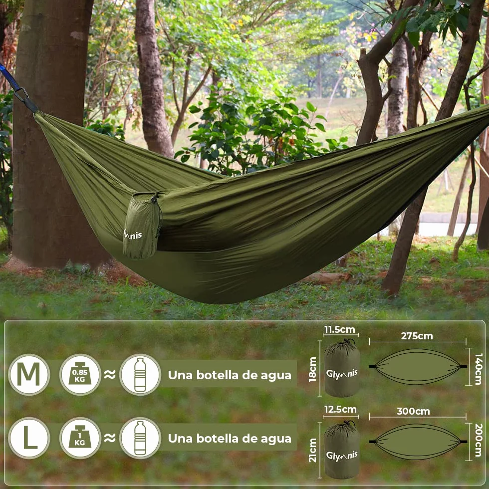 Glymnis Hamaca Ultraligera de Nailon, 300 kg de Capacidad de Carga, 275 x 140 cm, 2 Correas de Nailon y 2 Mosquetones, Hamacas Colgantes para Acampada de Viaje al Aire Libre y Jardín