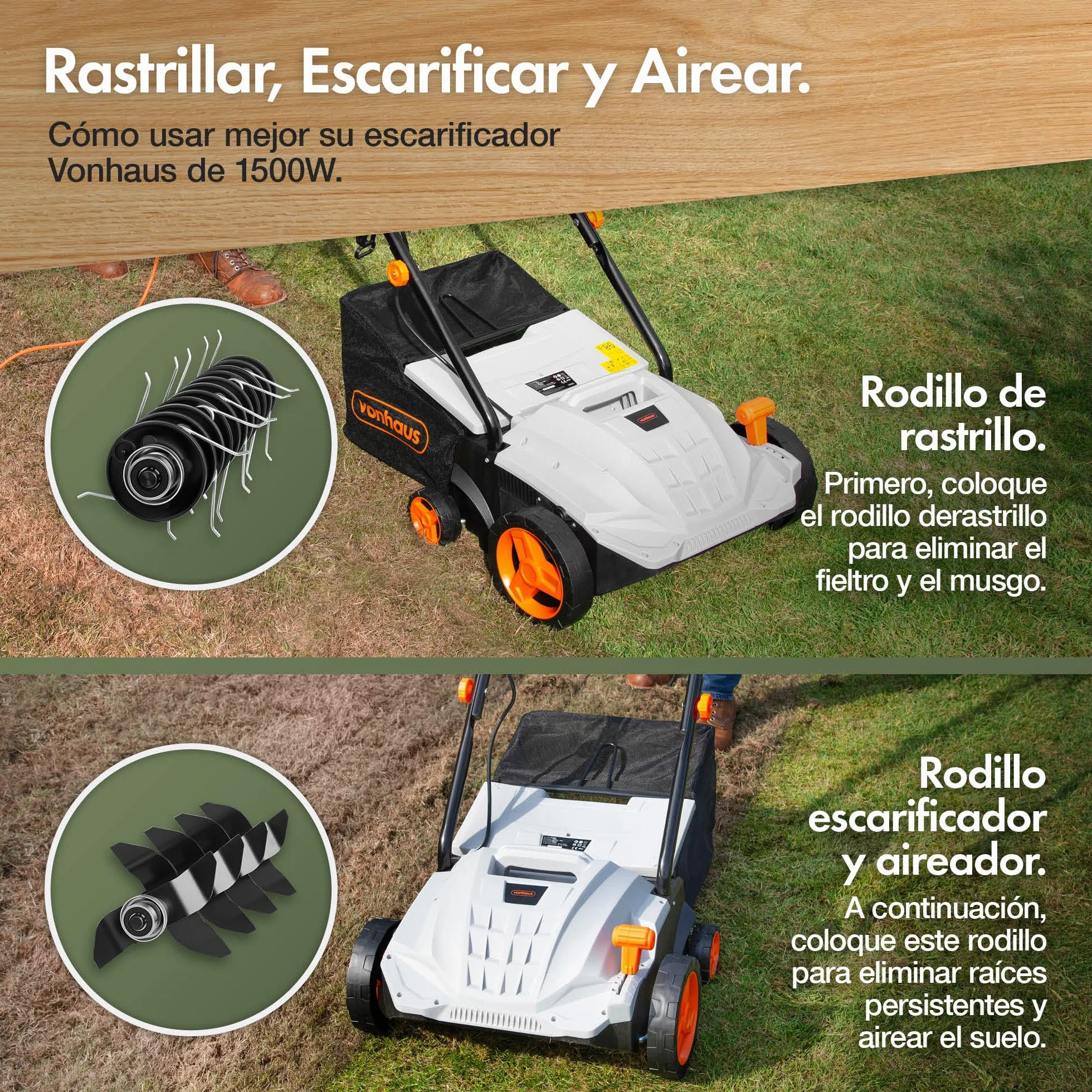 VonHaus Escarificador/Aireador/Rastrillo Eléctrico 1500W – Para Escarificar Y Rastrillar El Césped, Elimina Fieltro, Musgo Y Hojas Secas, Aireación Del Suelo, Caja 30L, 4 Alturas, Ancho 32cm