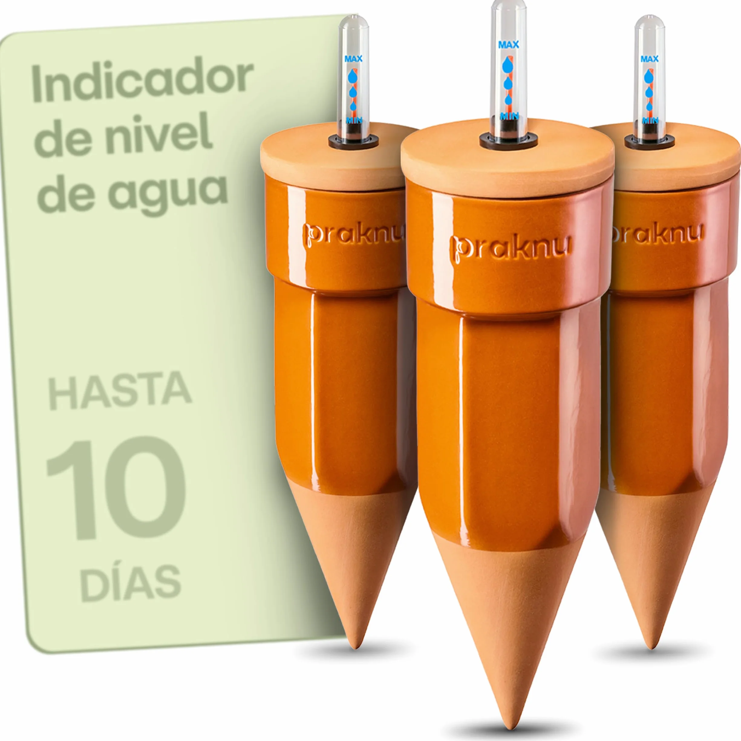 Praknu 3 x Conos de Riego de Terracota con Tapa e Indicador de Nivel de Agua – Hasta 10 Días de Riego Automático – Fácil Limpieza – Dispensador de Agua para Vacaciones