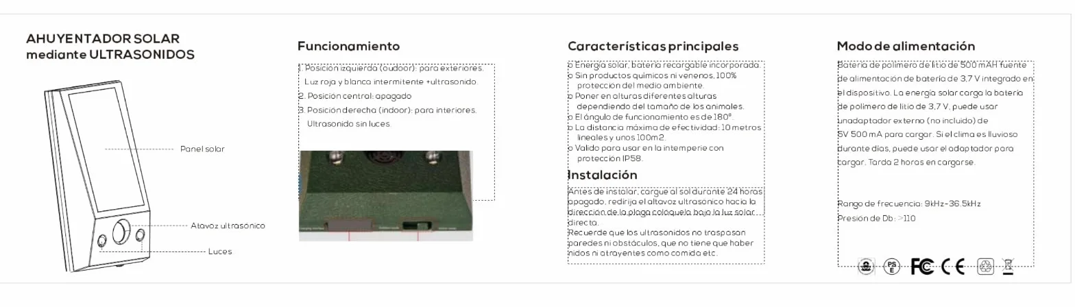 Ahuyentador de Palomas,Aves,Gatos con ultrasonidos, se Recarga con su Placa Solar para Exteriores Emite ultrasonidos de Forma Continua