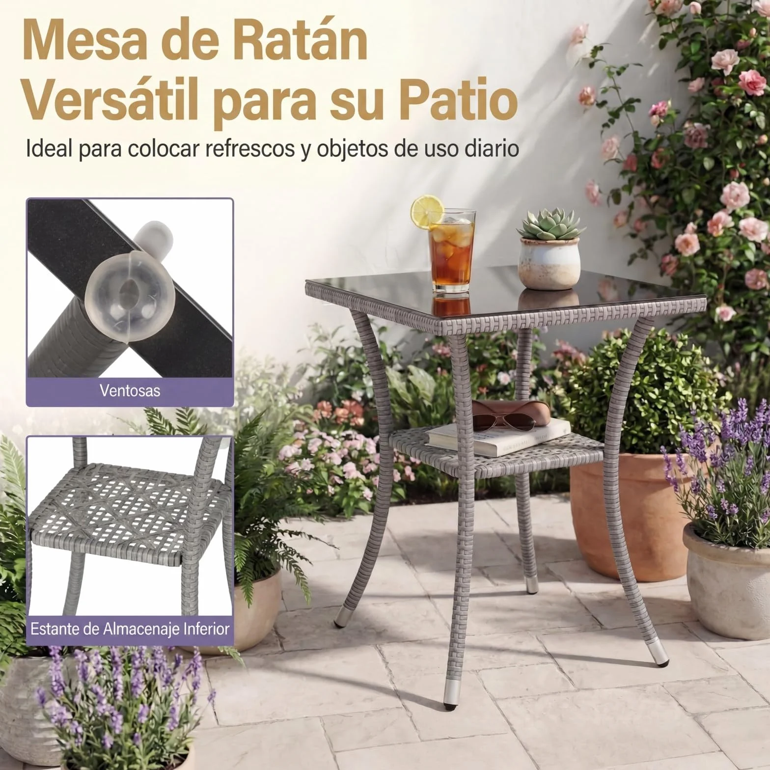 GIANTEX Juego de Muebles de Jardín 3 Piezas, 2 Sillones con Cojines y 1 Mesa con Tablero de Cristal, Conjunto de Muebles de Ratán para 2 Personas, Juego de Bistró para Balcón, Patio (Gris)