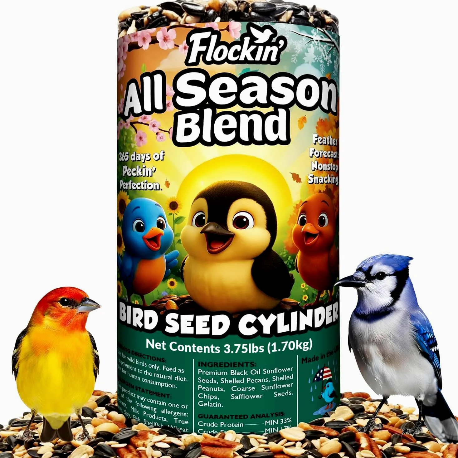 Cilindro de semillas de pájaros para todas las estaciones con agujero, alimento para pájaros silvestres durante todo el año para Blue Jays, palomas, pinzones y más, mezcla equilibrada de alta energía