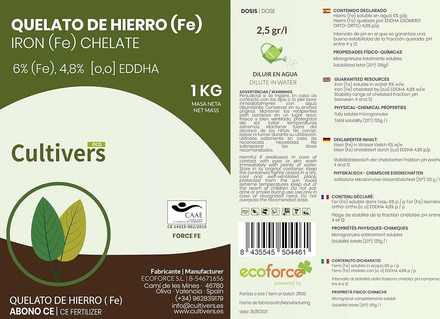 CULTIVERS Quelato de Hierro Ecológico 2x1 kg | Abono soluble con Hierro Fe-EDDHA 6% (orto-orto 4,8%) para Plantas y Cultivos en Suelos con Baja Disponibilidad de Hierro