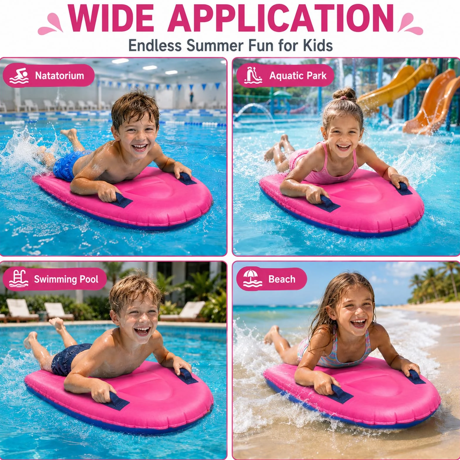 Tabla de Bodyboard Inflable Portátil Ligera con Asas Flotante para Natación Piscina (Rose Pink)