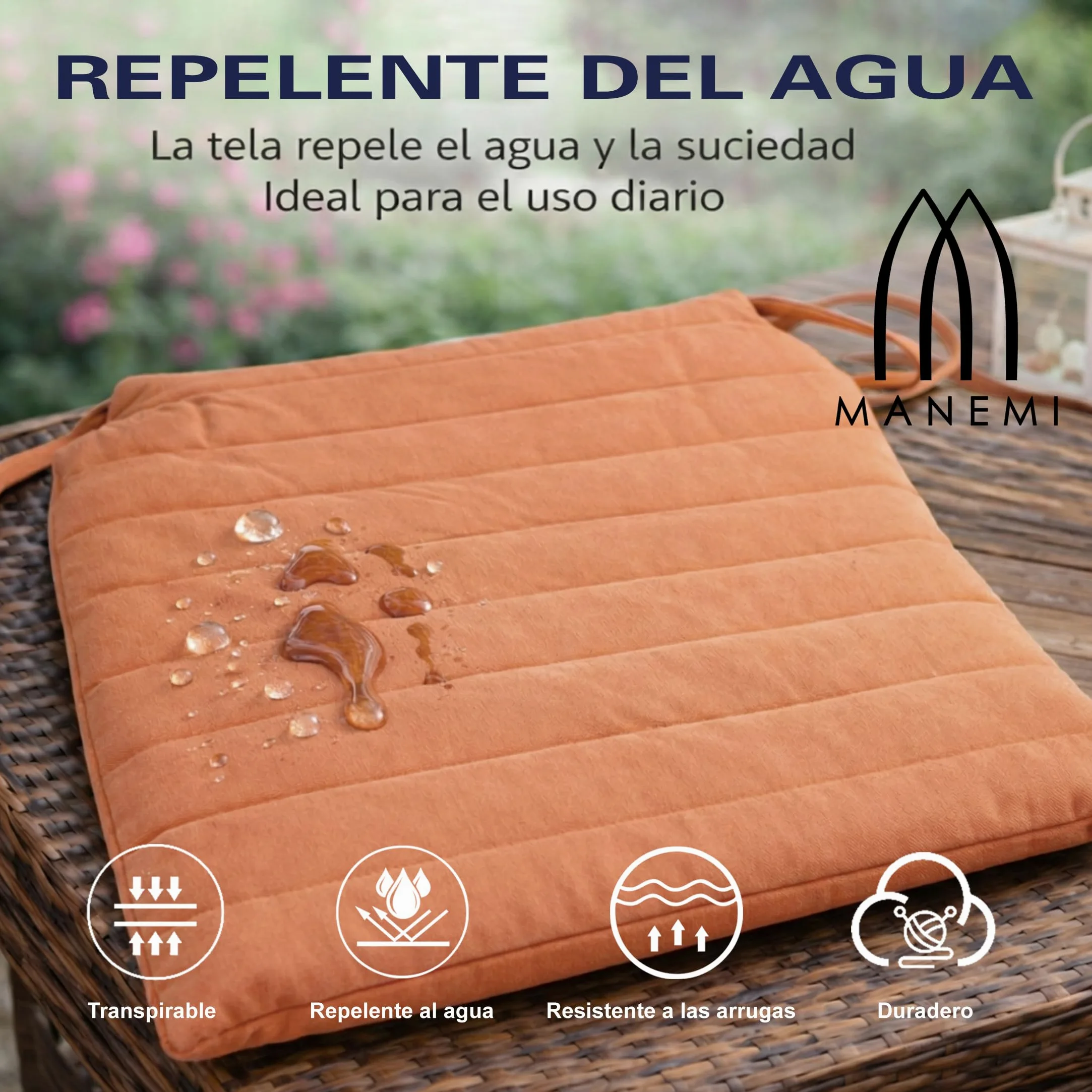 Cojín para silla 42x40x4 cm Repelente al agua Funda con cremallera desmontable Cintas de sujeción Interior y exterior Pack 6