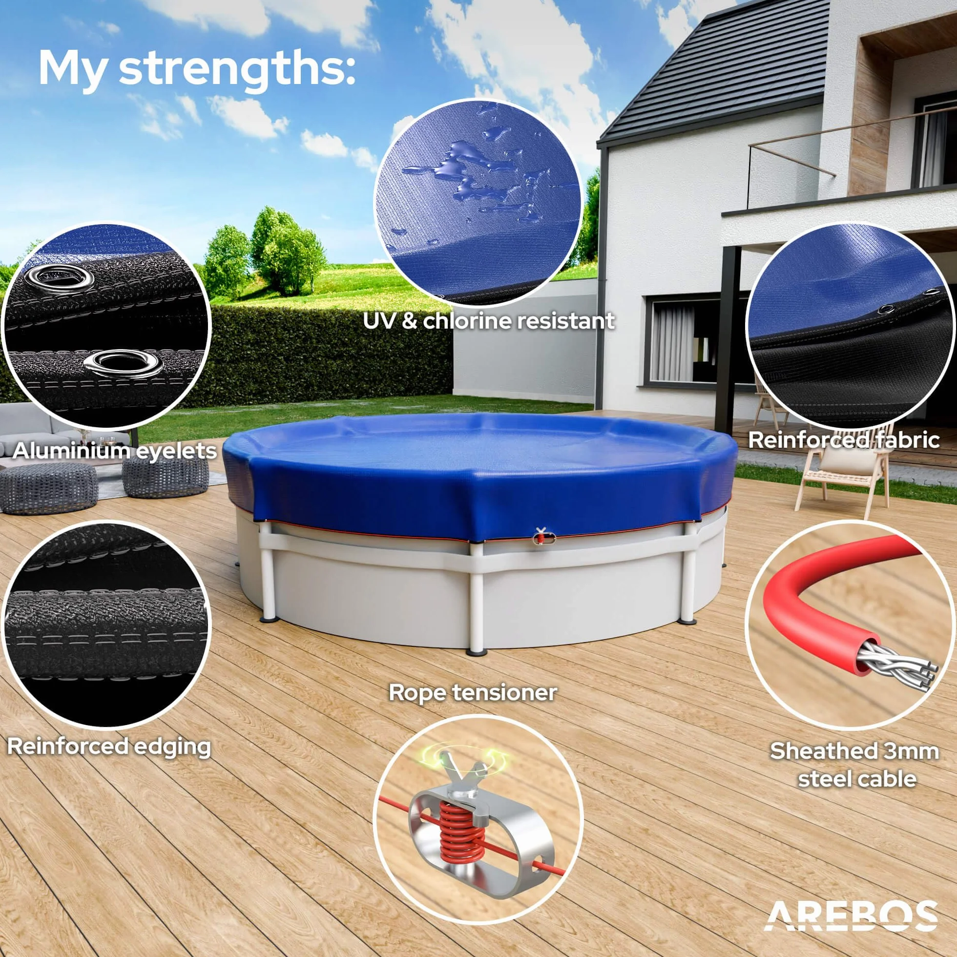 Arebos® Cubierta para Piscina Redonda Ø 610 cm | Lona Solar 2 en 1 de PE 200g/m² | Apta para Piscinas Ø 500-550 cm