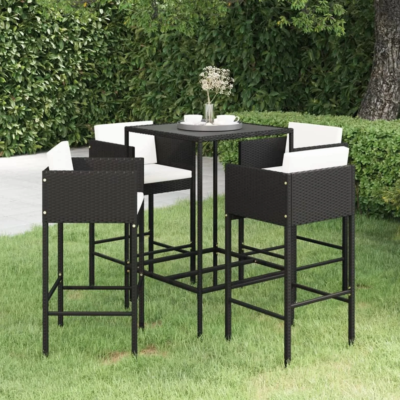 Deufre Muebles de Bar Jardín Exterior 5 pzas,Mesa y Sillas Jardín de Ratán,Mesa y Sillas Exterior,Mesa y Sillas de Bar,Conjunto Mesa y Sillas con Cojines para Jardin y Terraza Negro