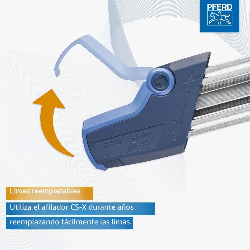 Pferd Afilador de Cadenas de Motosierra Ergonómico Chain Sharp Cs- x -4,8 millimeters, Cambio Fácil con Giro del Aparato, Sin Necesidad de desmontar, en Funda de Plástico