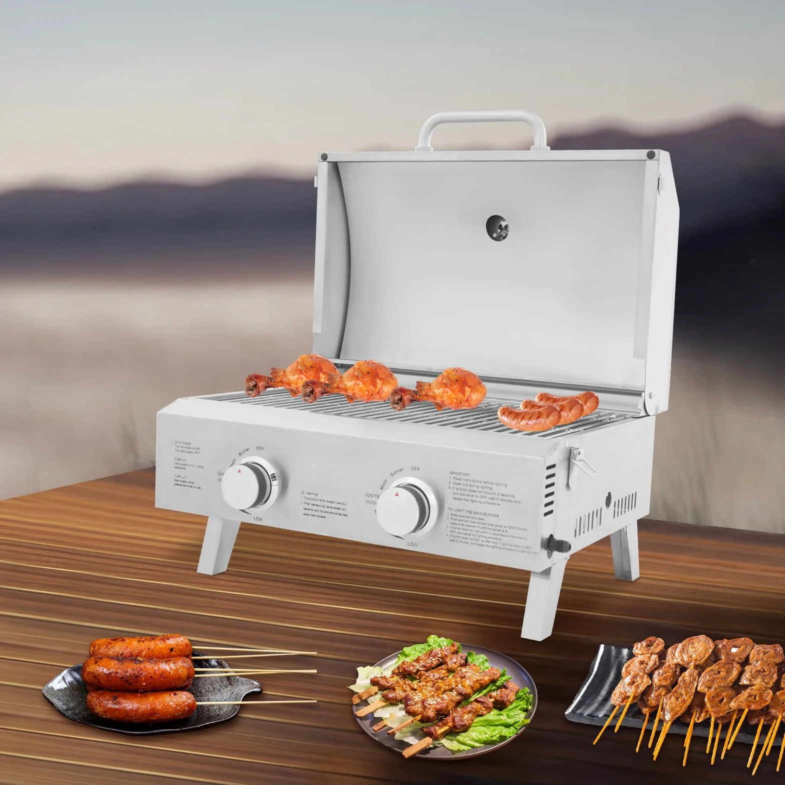 Barbacoa de gas portátil de 2 quemadores, parrilla de gas de mesa con parrilla, parrilla BBQ Barbacoa, parrilla de gas de acero inoxidable, parrilla de camping al aire libre, cocina de gas con