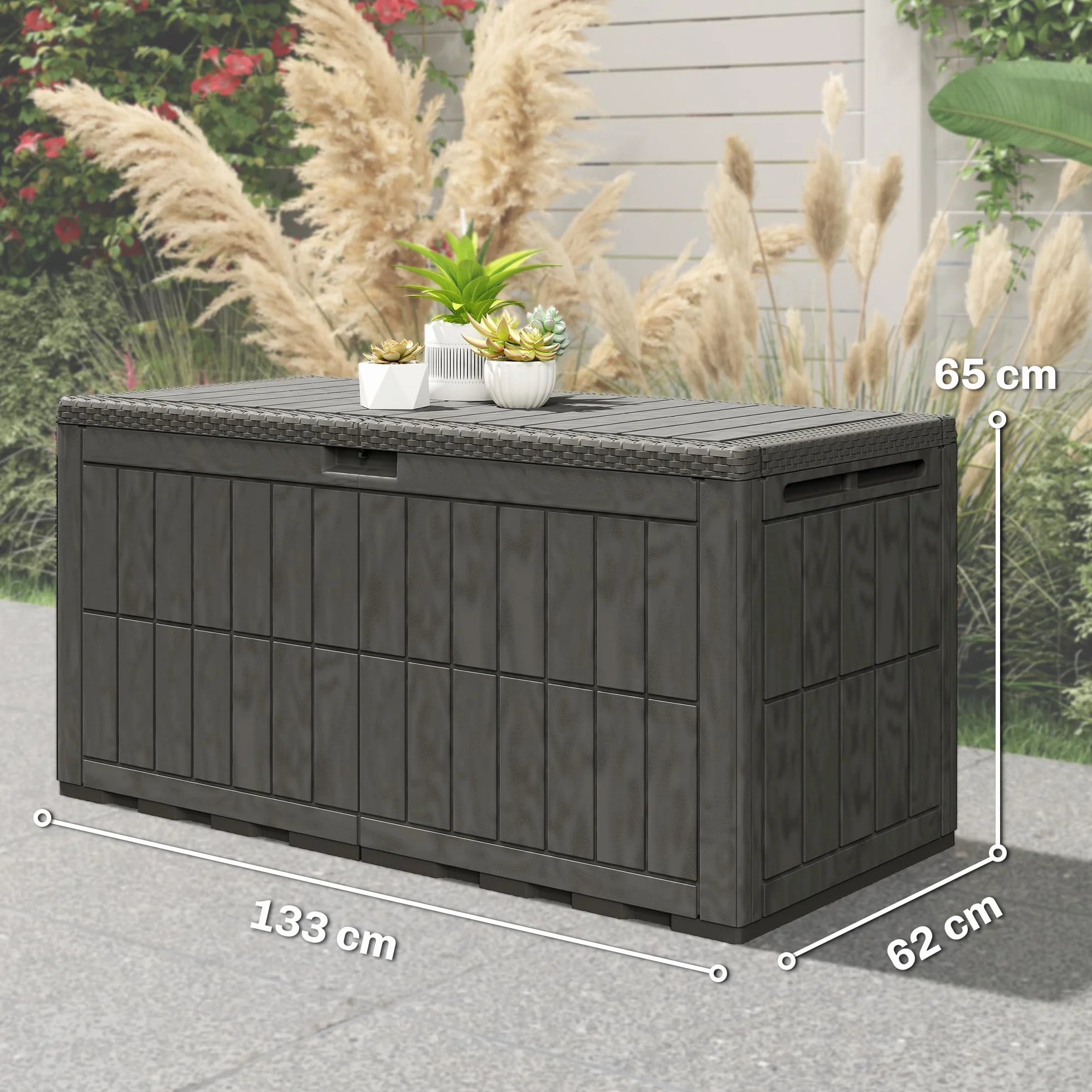 Outsunny Arcón Exterior Capacidad 440L, Baúl de Almacenaje Exterior de Resina Resistente al Agua y a los Rayos UV, con Tapa Bloqueable, Barras de Gas, Asas Laterales, para Jardín, 133x62x65 cm, Café