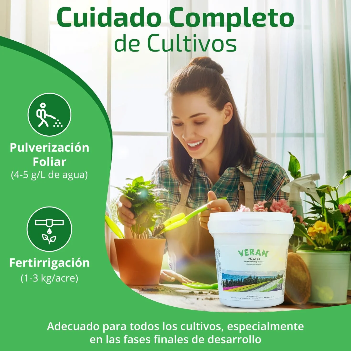 VERAN | Fertilizante Plantas de Flor, Citricos y Huerto PK52-34 | 1KG | Estimula el Crecimiento y el Florecimiento | Hidrosoluble Cristalino Monopotasico + Fosforo | Abono de Fosforo y Potasio