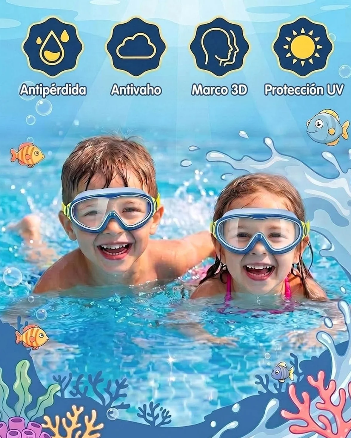 Gafas de natación para niños con protección UV antivaho montura grande