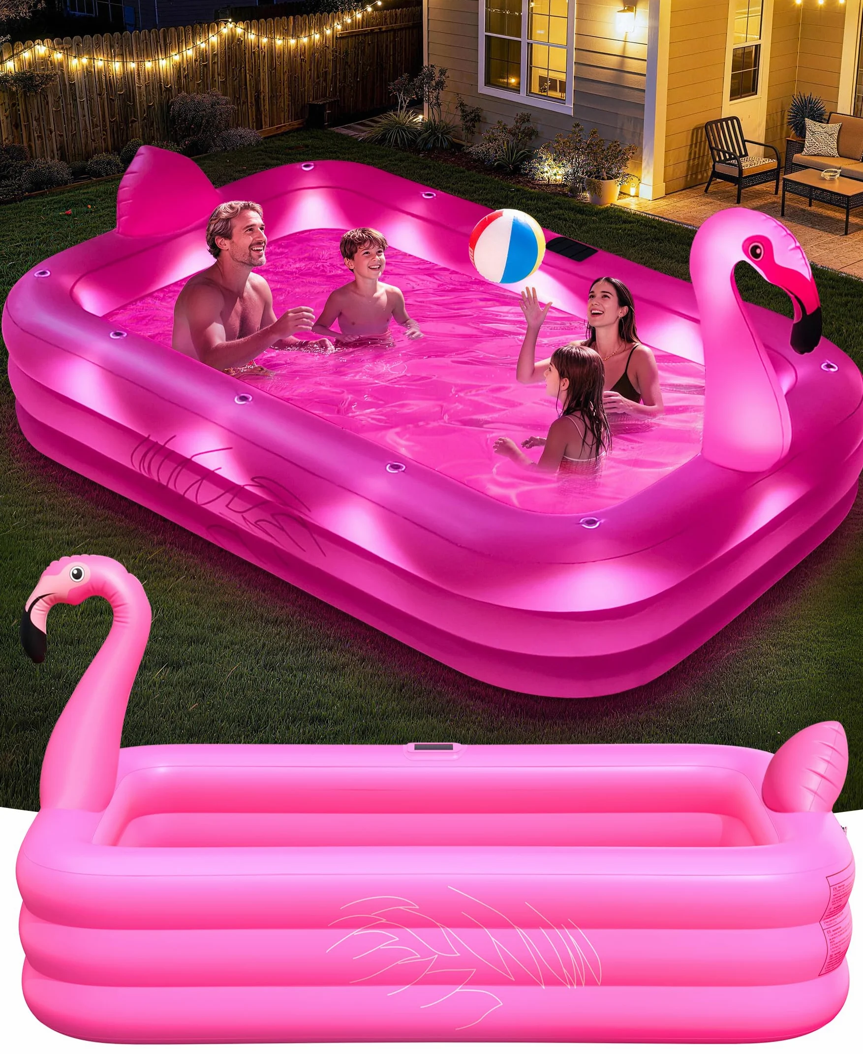 PoolLeader Flamenco Piscina Hinchable Rectangular 254x160x50cm con Luces Solar PVC Grueso