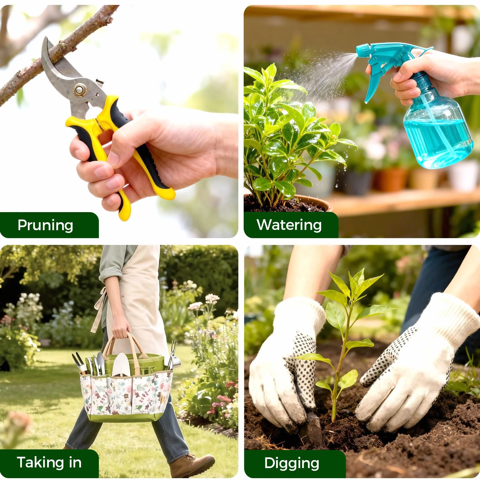 Bamworld Juego de Herramientas de Jardinería 9 Piezas, Kit Jardinería y Set Jardín de Acero Inoxidable con Bolsa, Guantes, Pulverizador, Pala, Tijeras de Podar, Rastrillo para Macetas y Huerto