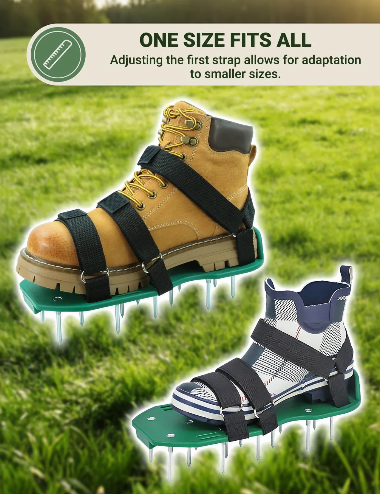 Zapatos aireadores de césped con correas dobles en el empeine, sandalias de aireación resistentes con pinchos para una aireación efectiva, tamaño universal, escarificador y aireador de césped