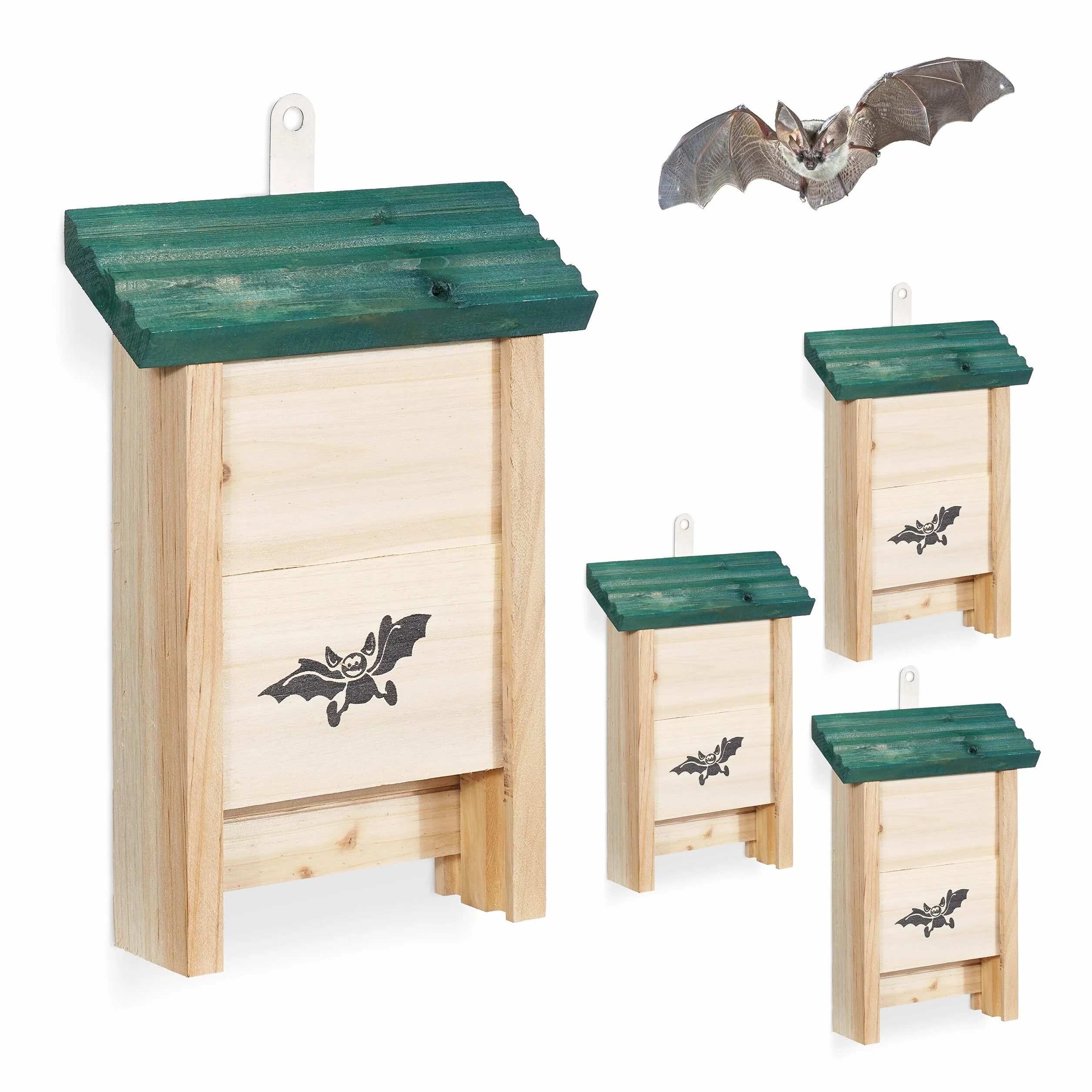 Relaxdays Set de 4 Cajas para murciélagos de Madera sin Tratar, 25x18x6 cm, Natural y Verde